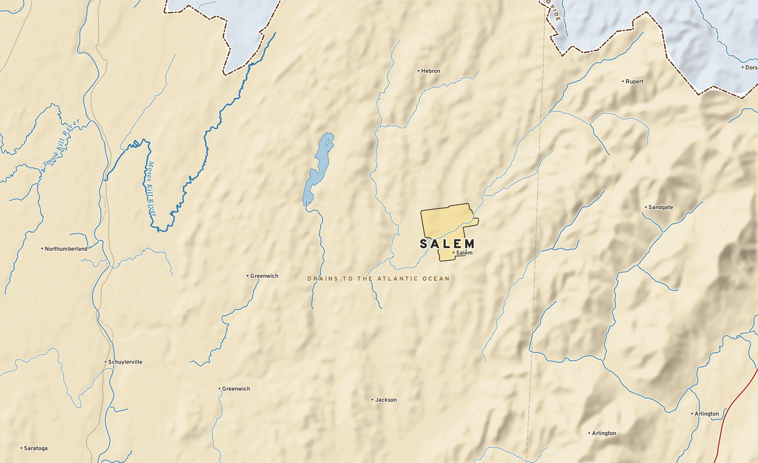 Shaded-relief atlas plate of Salem, New York: rivers, roads, the city limits and where the water drains.
