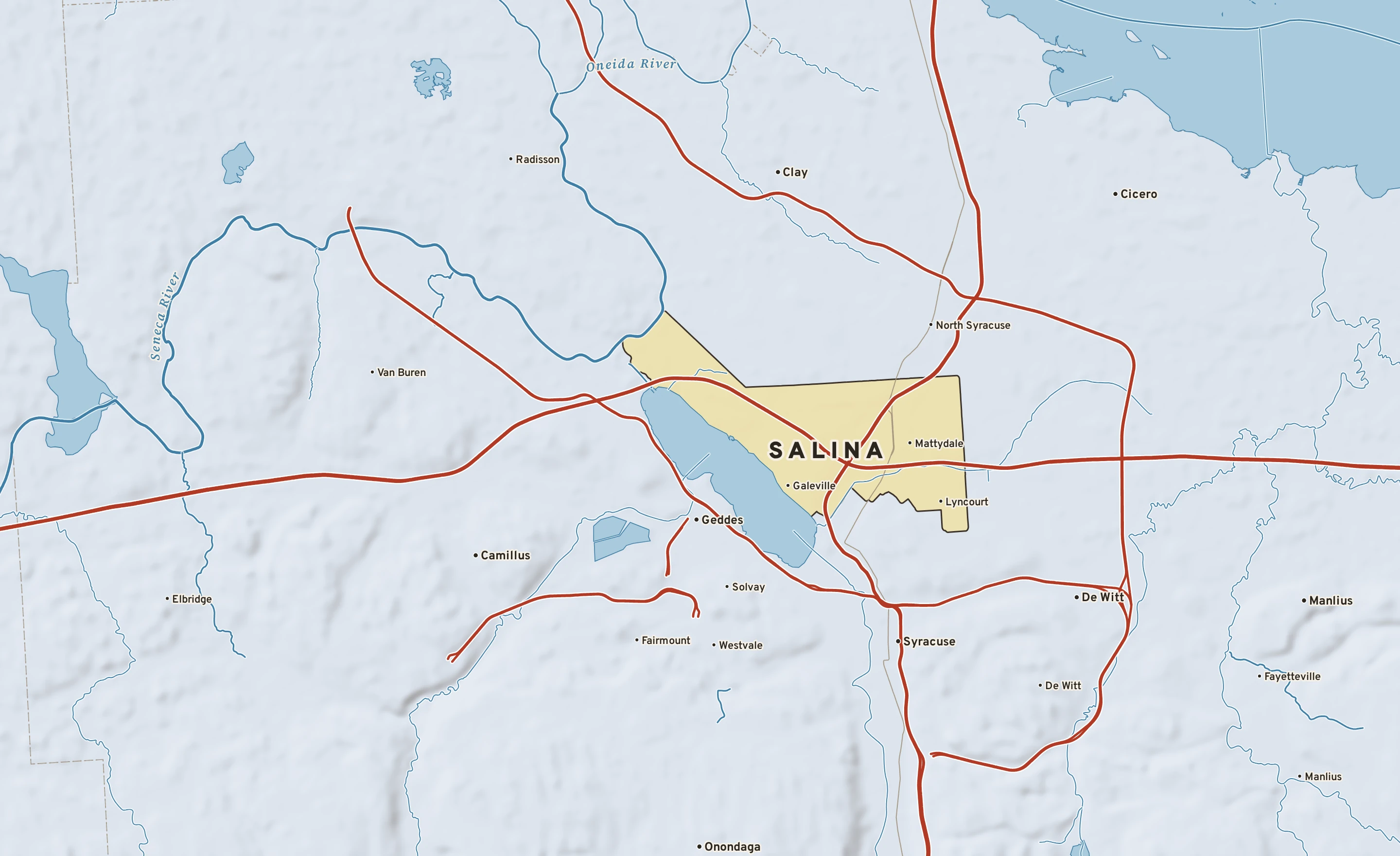 Shaded-relief atlas plate of Salina, New York: rivers, roads, the city limits and where the water drains.