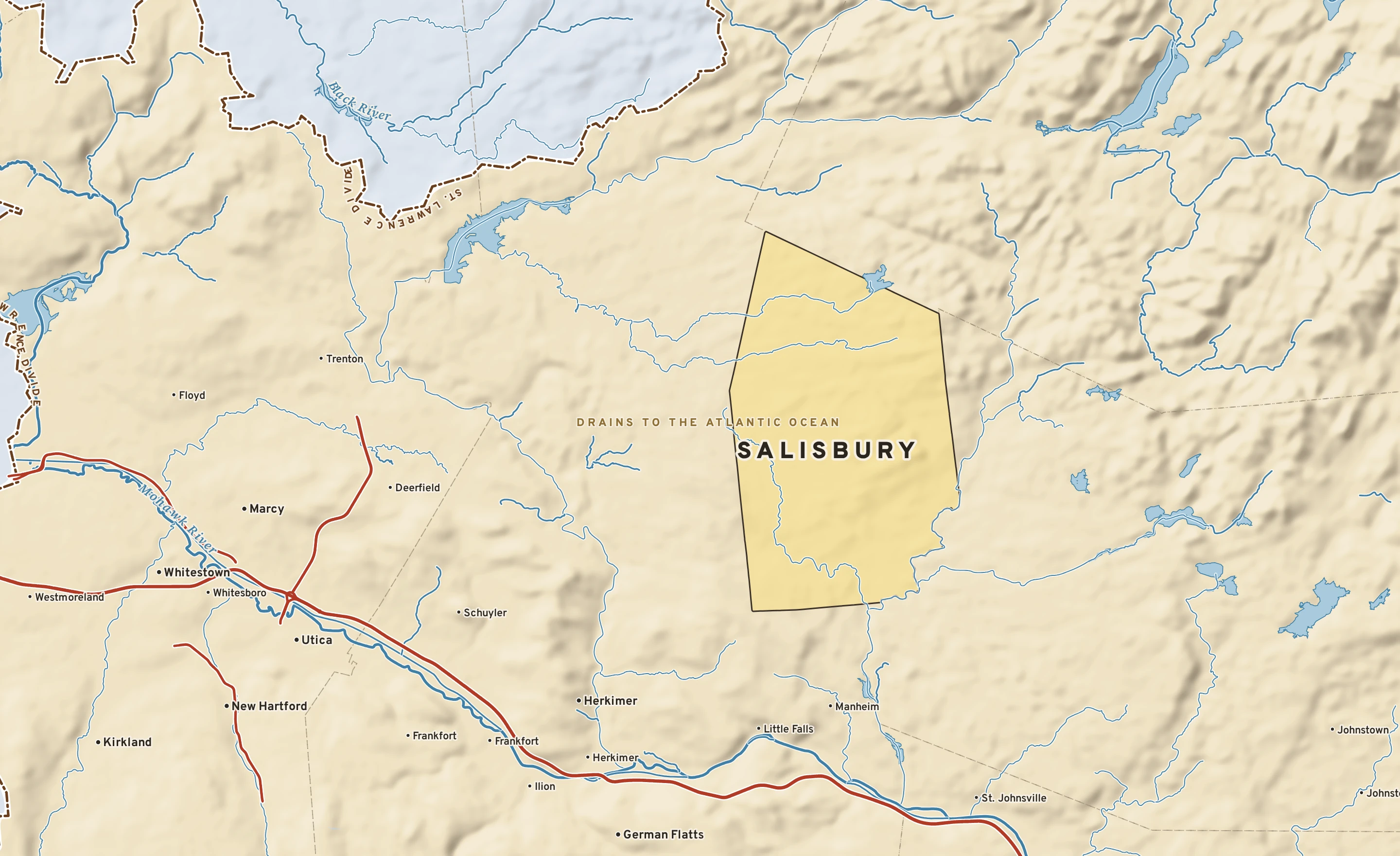 Shaded-relief atlas plate of Salisbury, New York: rivers, roads, the city limits and where the water drains.