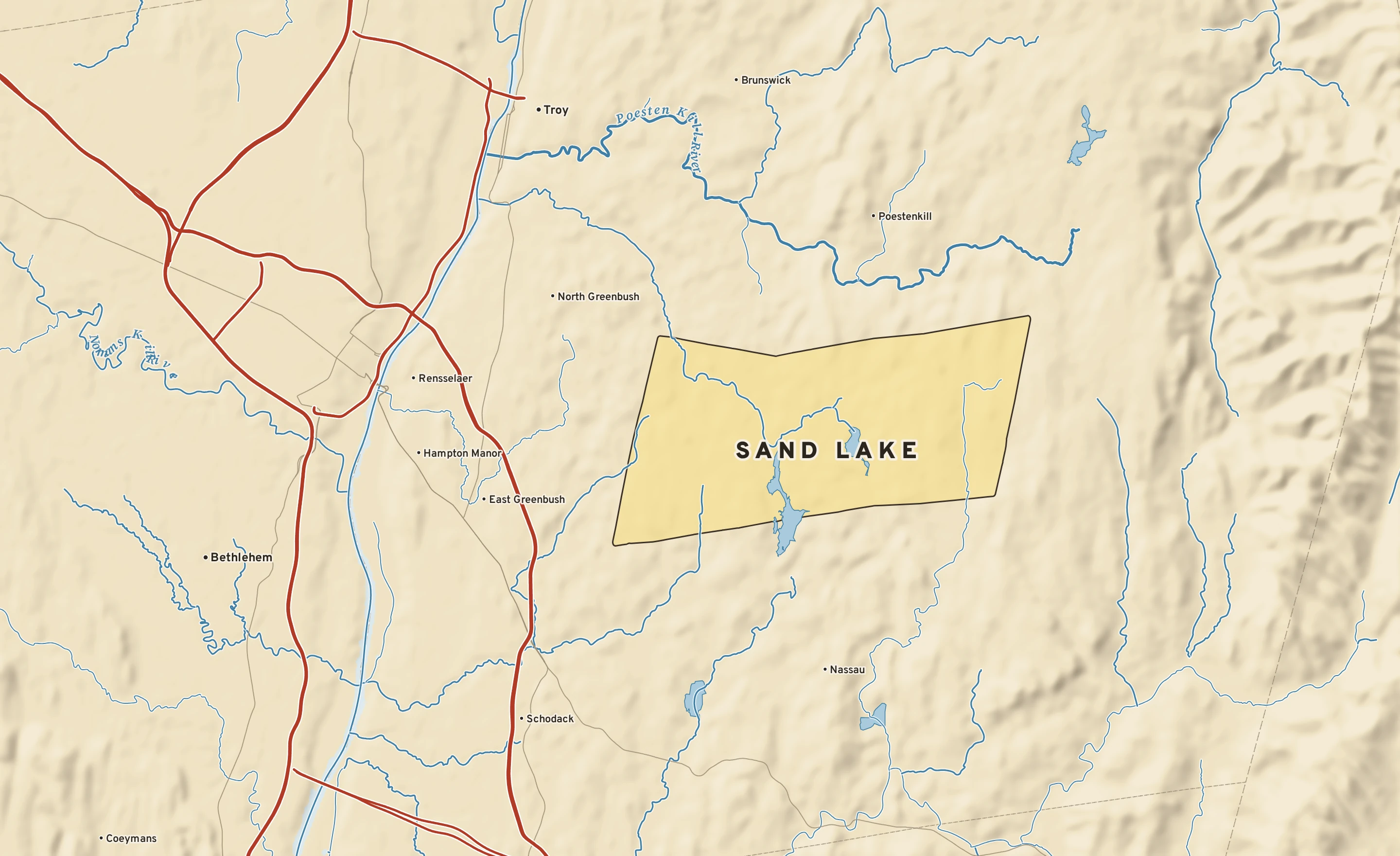 Shaded-relief atlas plate of Sand Lake, New York: rivers, roads, the city limits and where the water drains.
