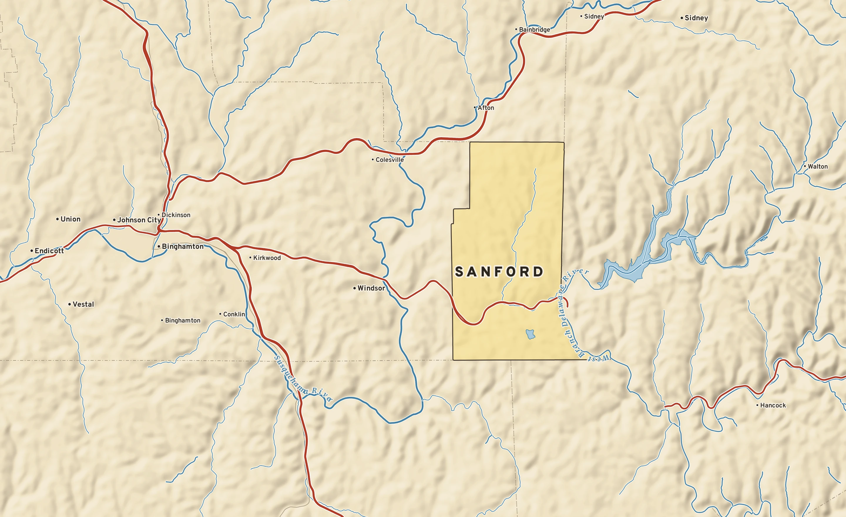 Shaded-relief atlas plate of Sanford, New York: rivers, roads, the city limits and where the water drains.