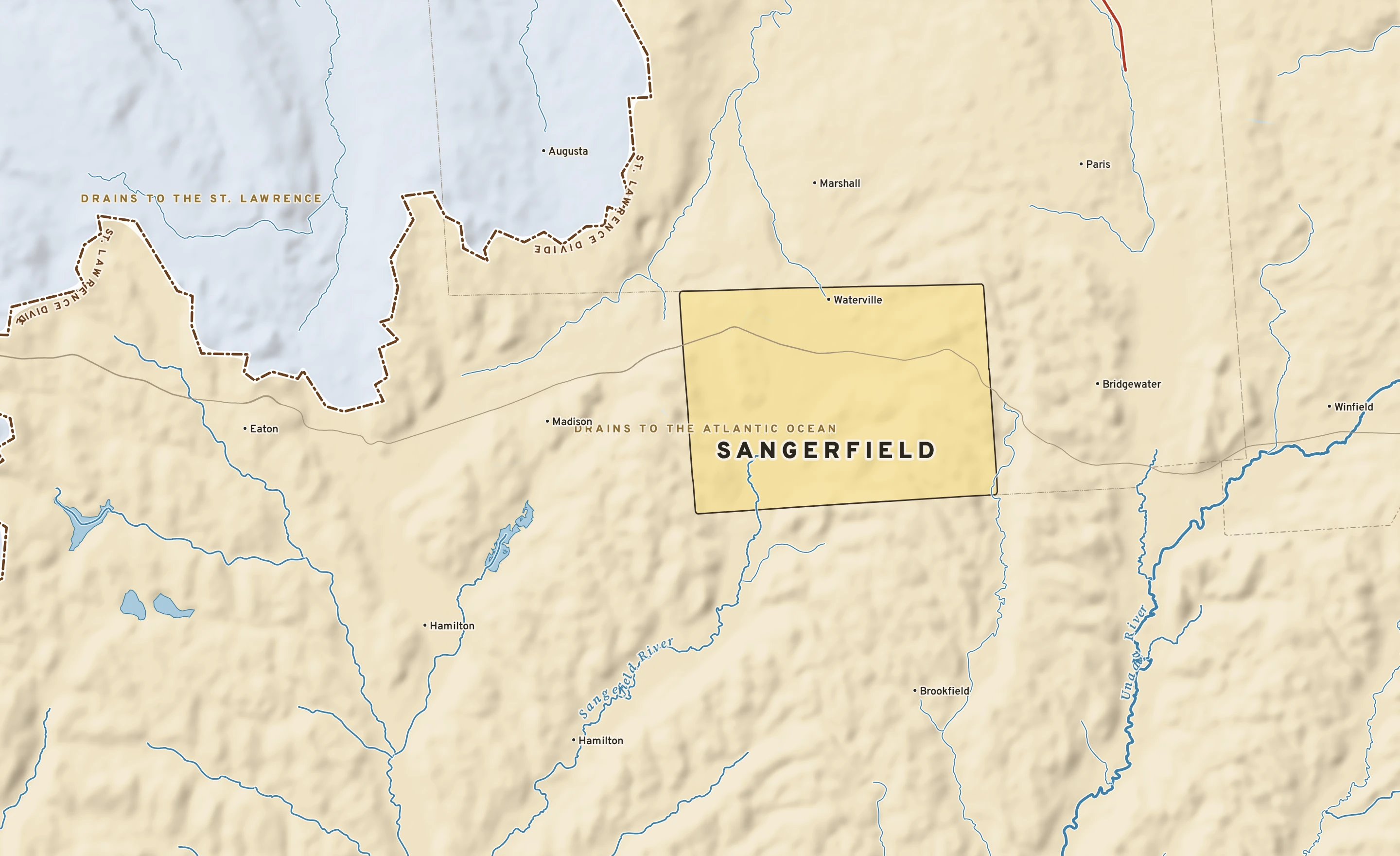 Shaded-relief atlas plate of Sangerfield, New York: rivers, roads, the city limits and where the water drains.