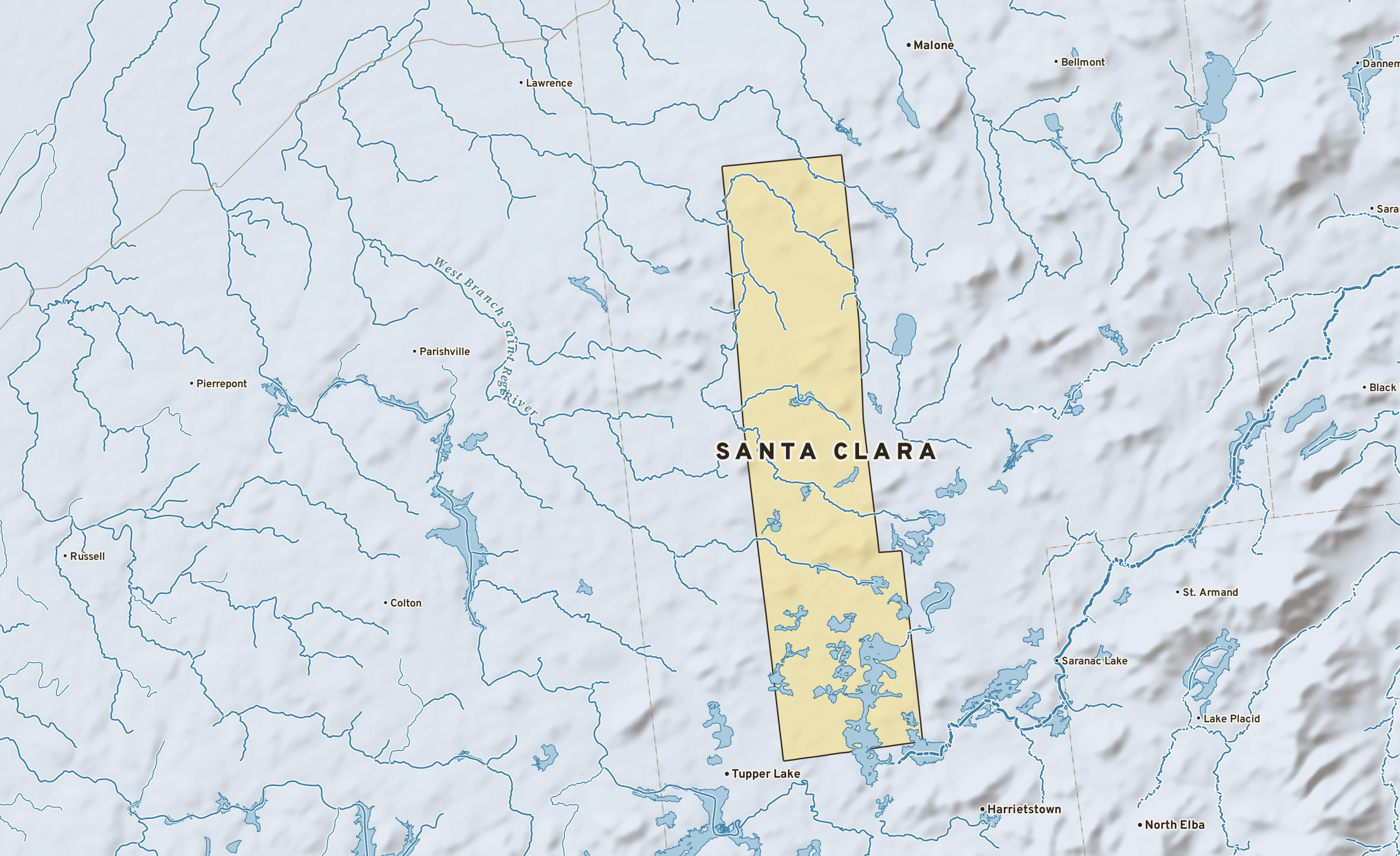Shaded-relief atlas plate of Santa Clara, New York: rivers, roads, the city limits and where the water drains.