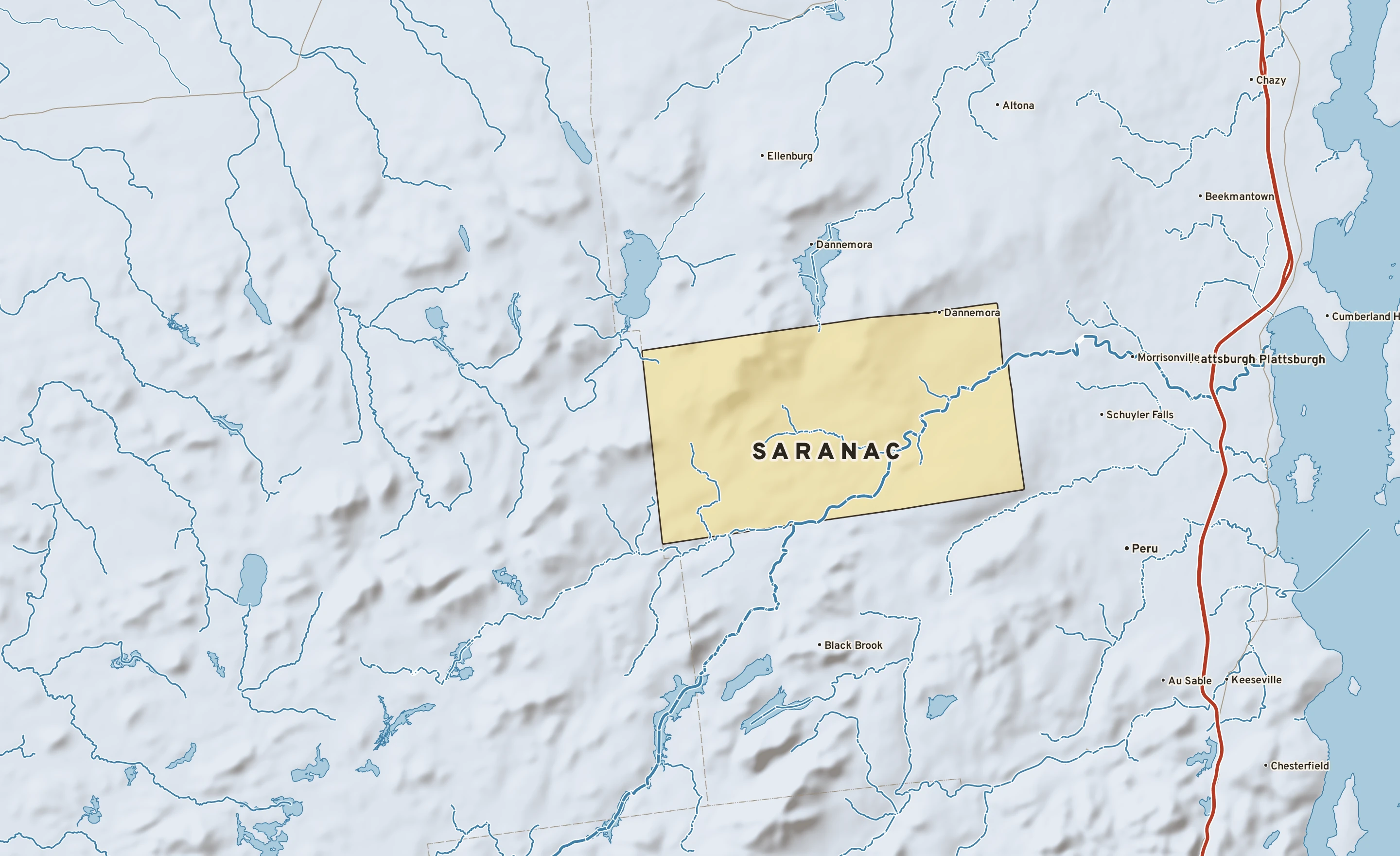 Shaded-relief atlas plate of Saranac, New York: rivers, roads, the city limits and where the water drains.