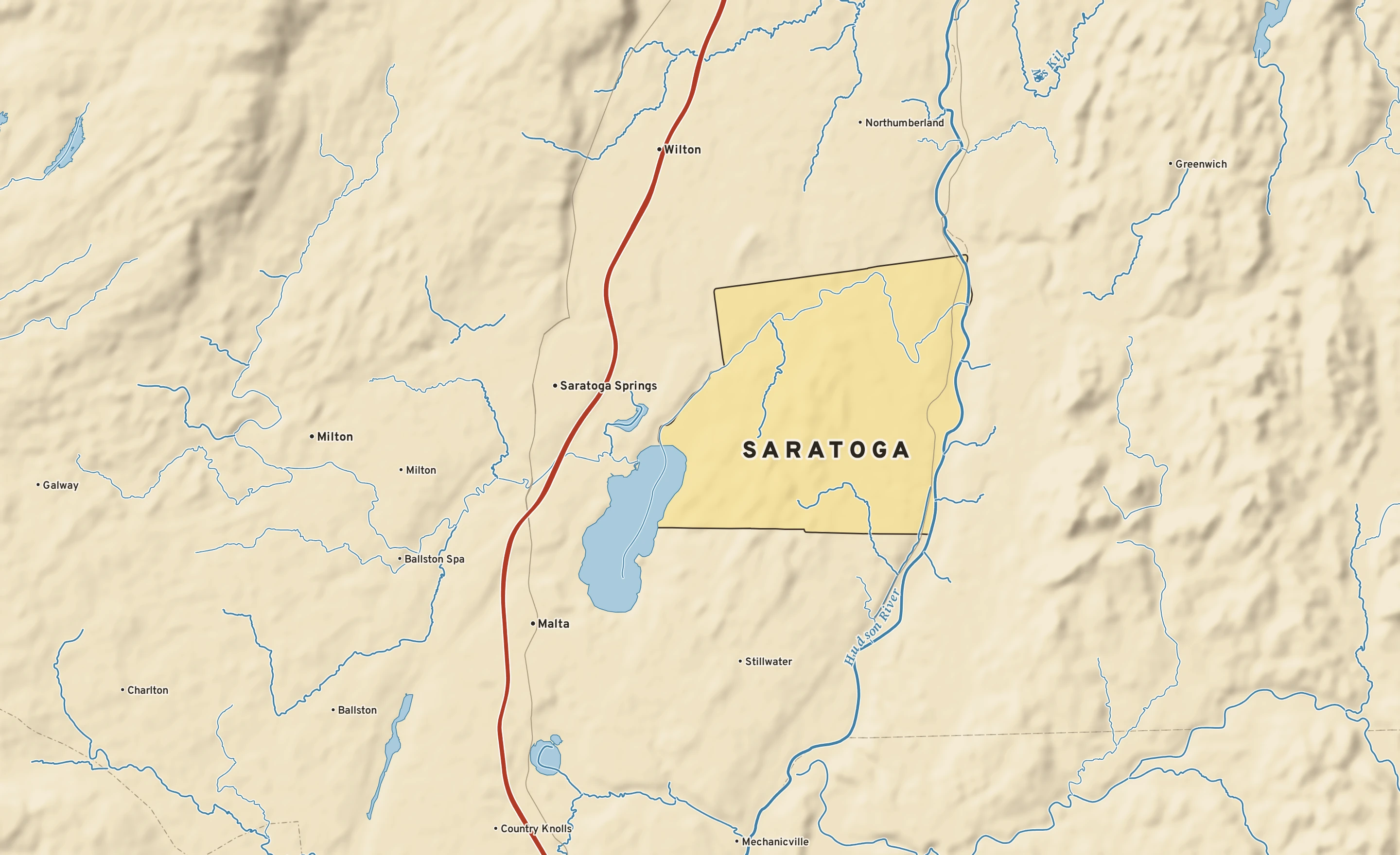 Shaded-relief atlas plate of Saratoga, New York: rivers, roads, the city limits and where the water drains.