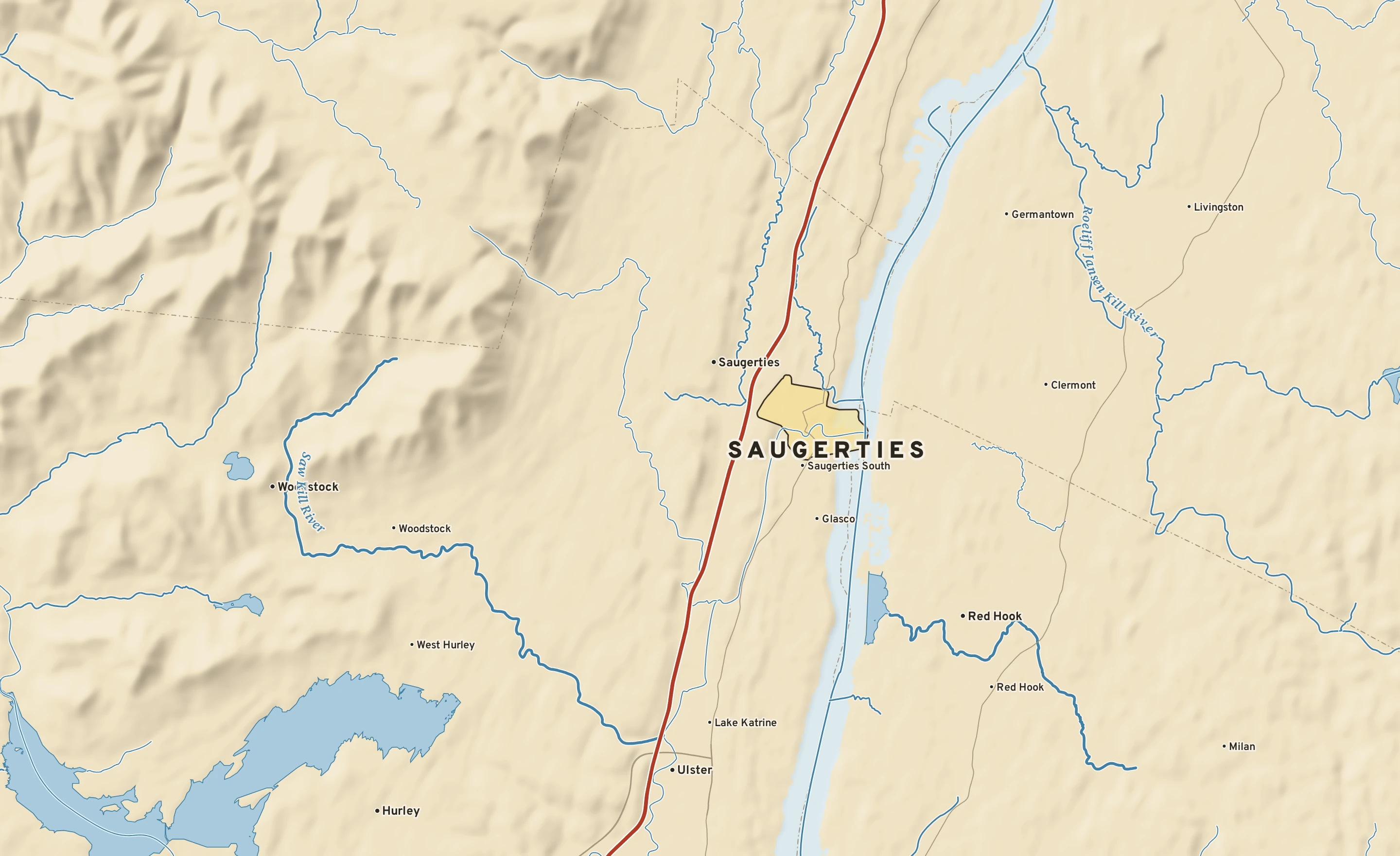 Shaded-relief atlas plate of Saugerties, New York: rivers, roads, the city limits and where the water drains.
