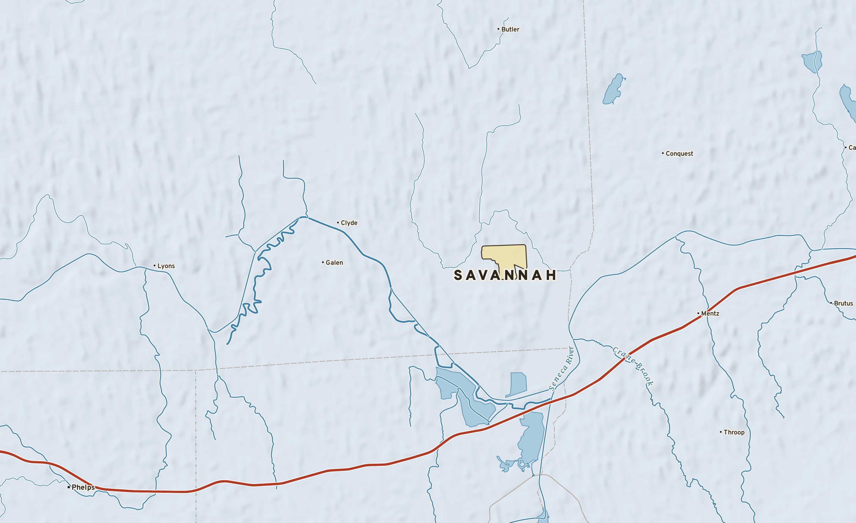 Shaded-relief atlas plate of Savannah, New York: rivers, roads, the city limits and where the water drains.