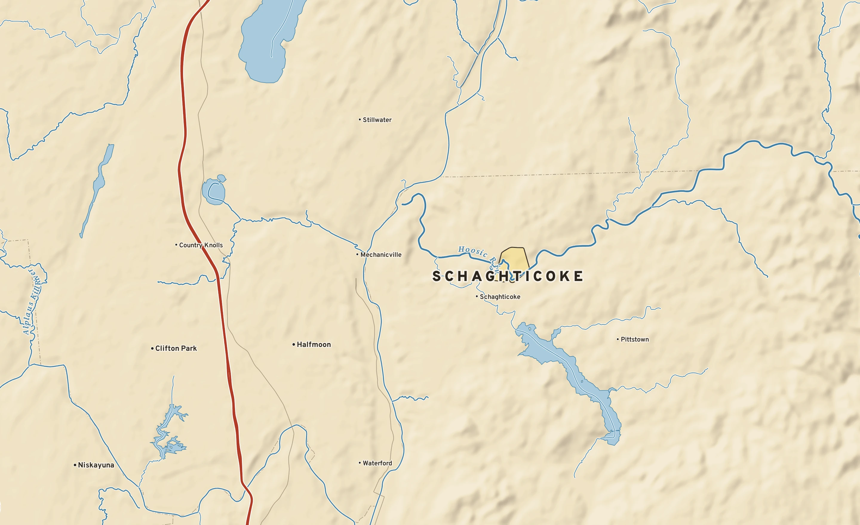 Shaded-relief atlas plate of Schaghticoke, New York: rivers, roads, the city limits and where the water drains.