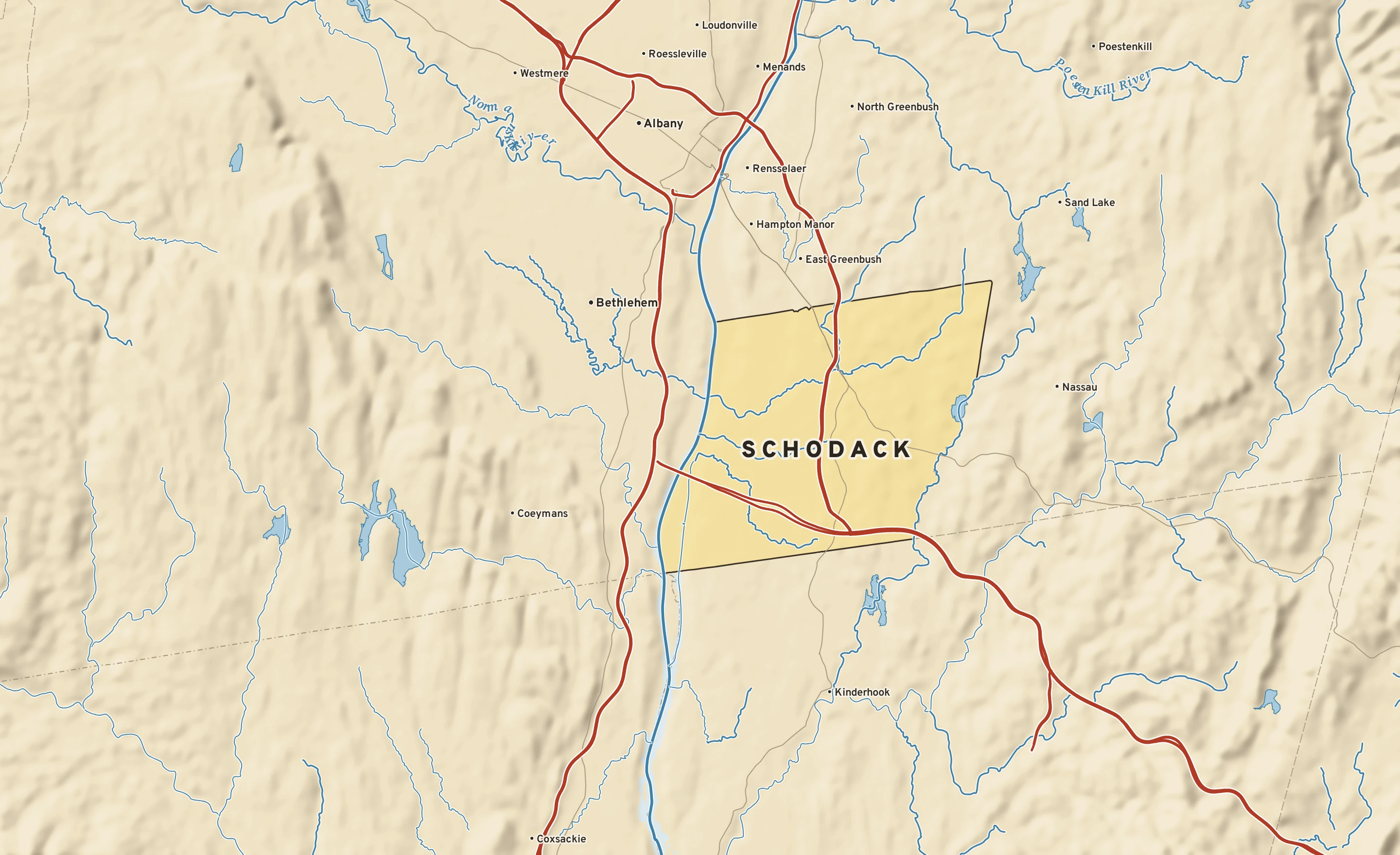 Shaded-relief atlas plate of Schodack, New York: rivers, roads, the city limits and where the water drains.