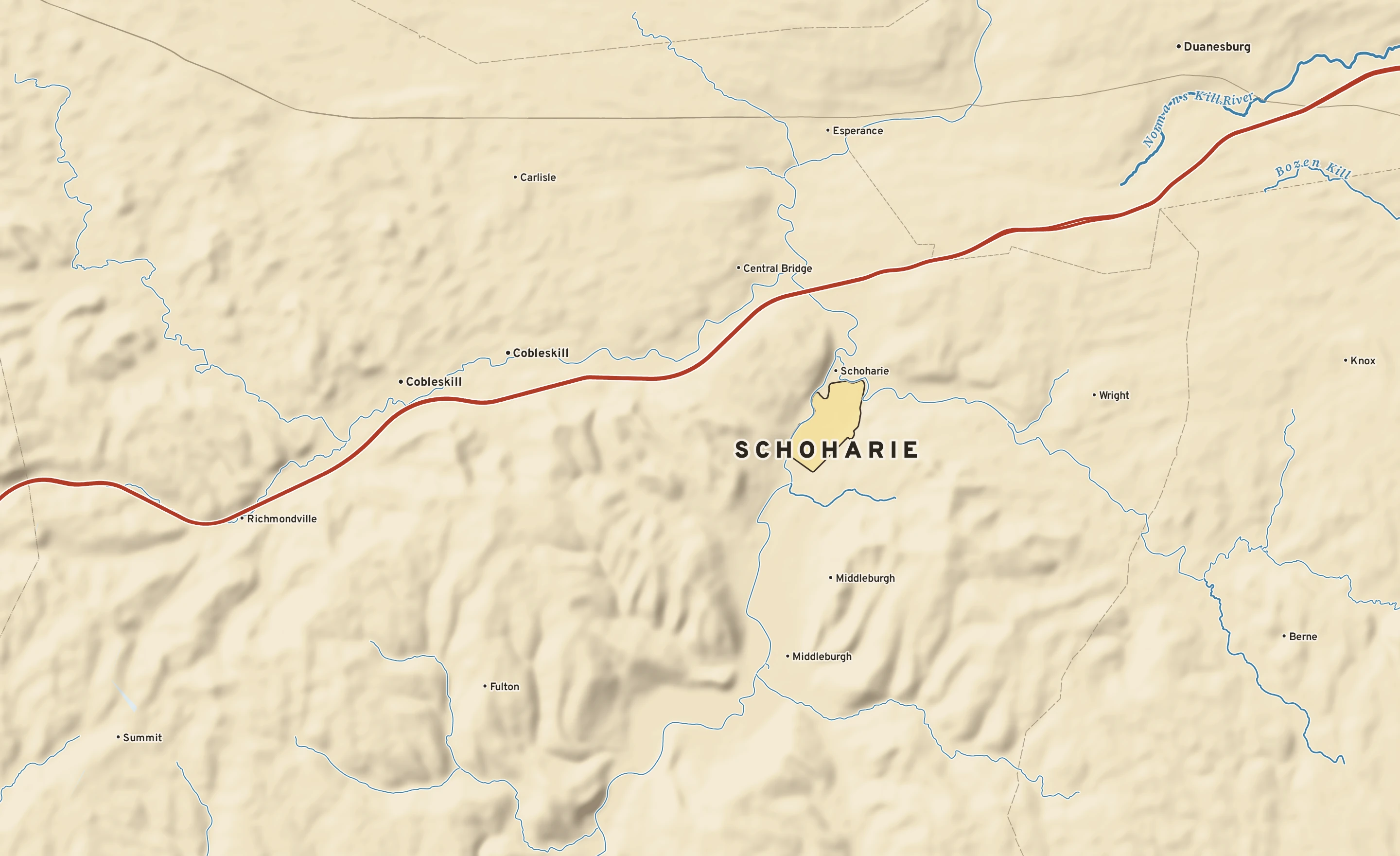 Shaded-relief atlas plate of Schoharie, New York: rivers, roads, the city limits and where the water drains.