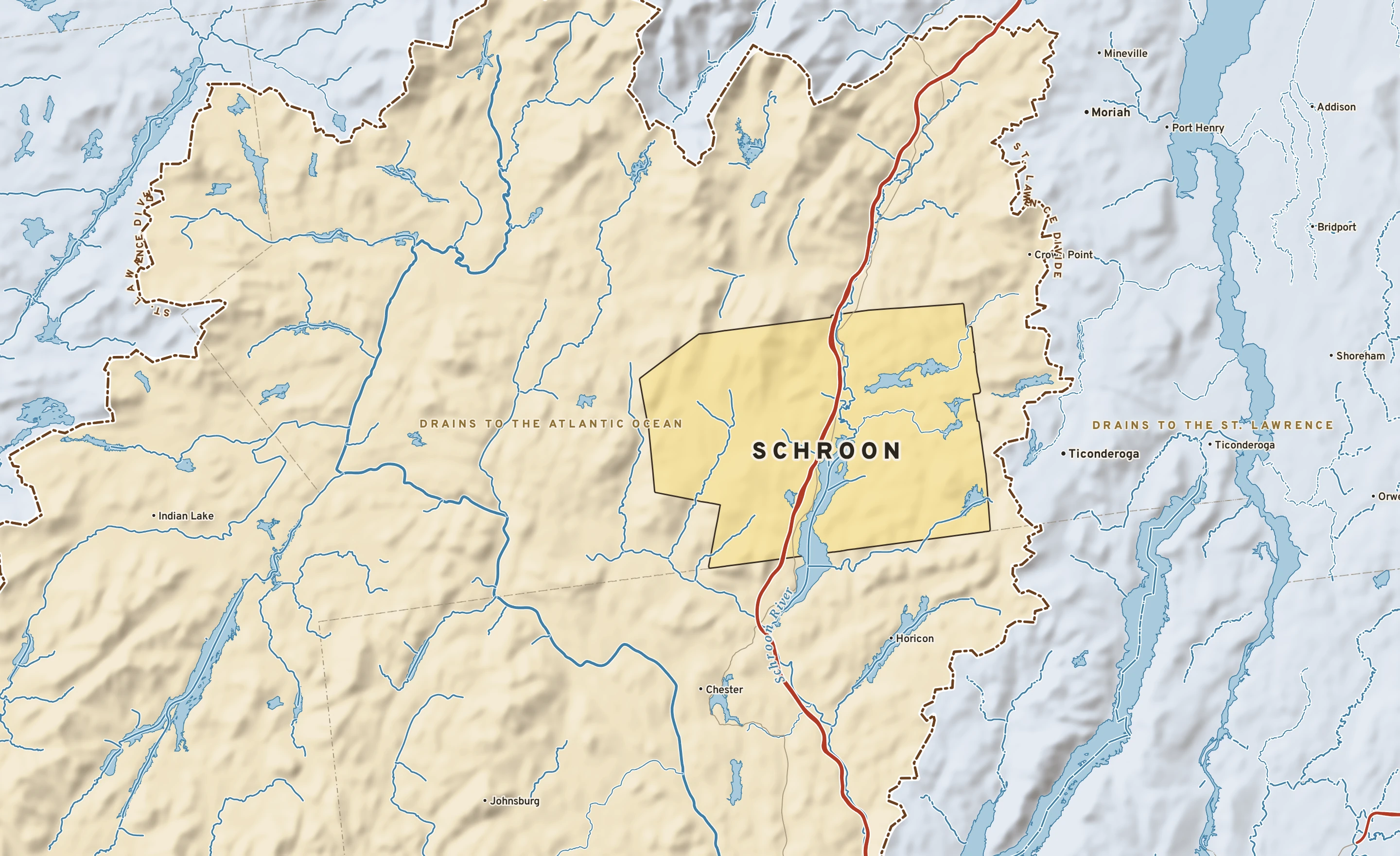 Shaded-relief atlas plate of Schroon, New York: rivers, roads, the city limits and where the water drains.