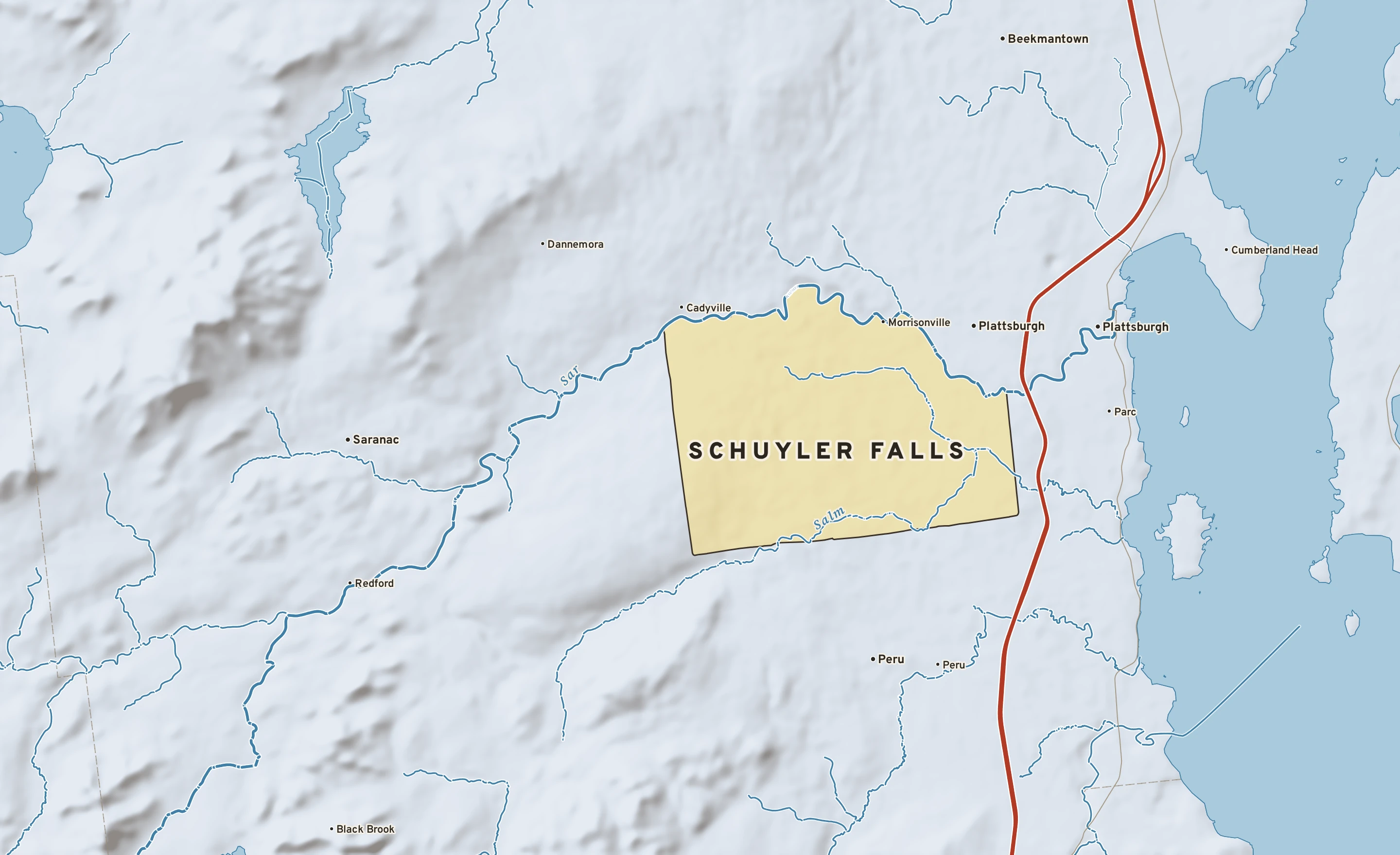 Shaded-relief atlas plate of Schuyler Falls, New York: rivers, roads, the city limits and where the water drains.