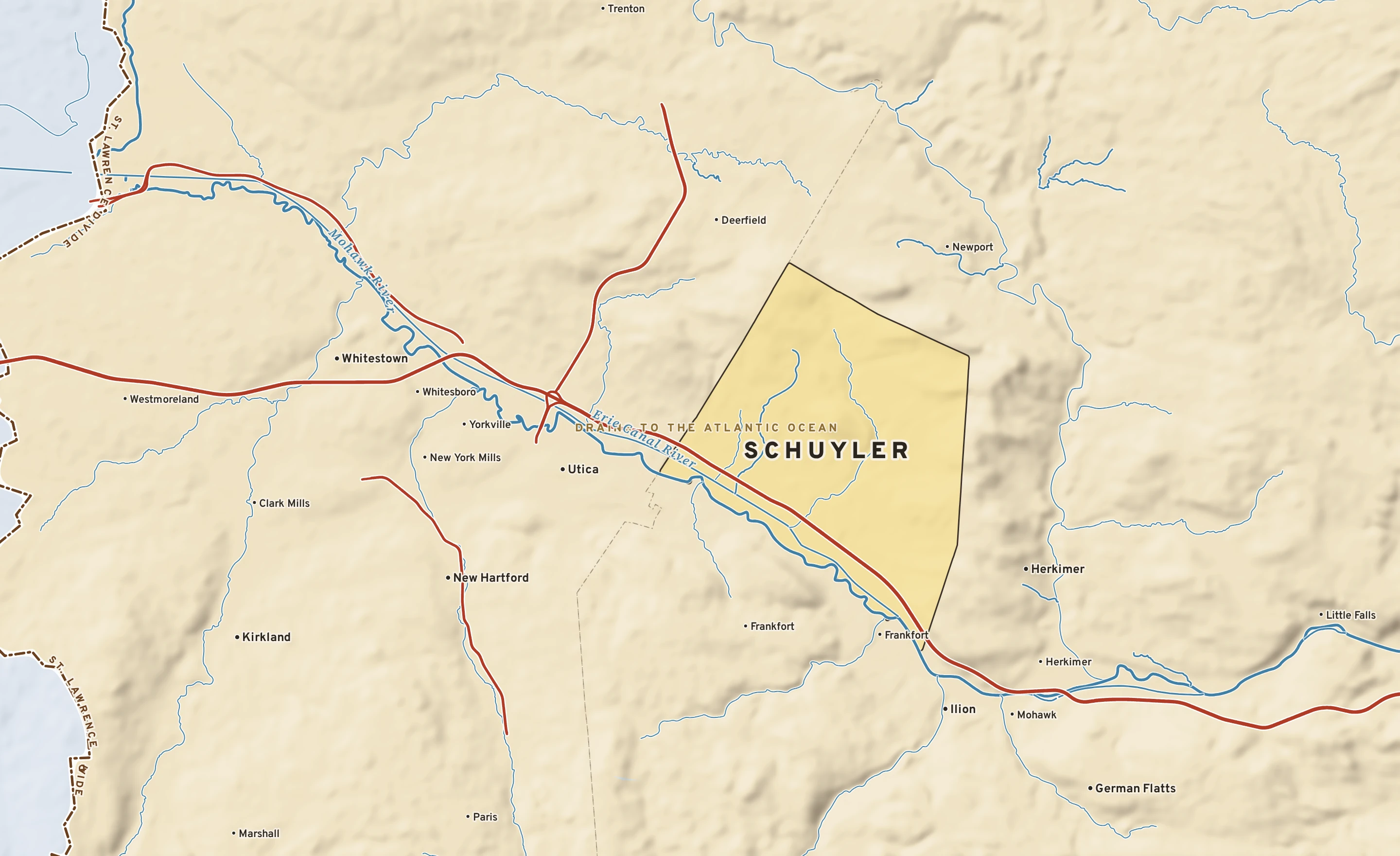 Shaded-relief atlas plate of Schuyler, New York: rivers, roads, the city limits and where the water drains.