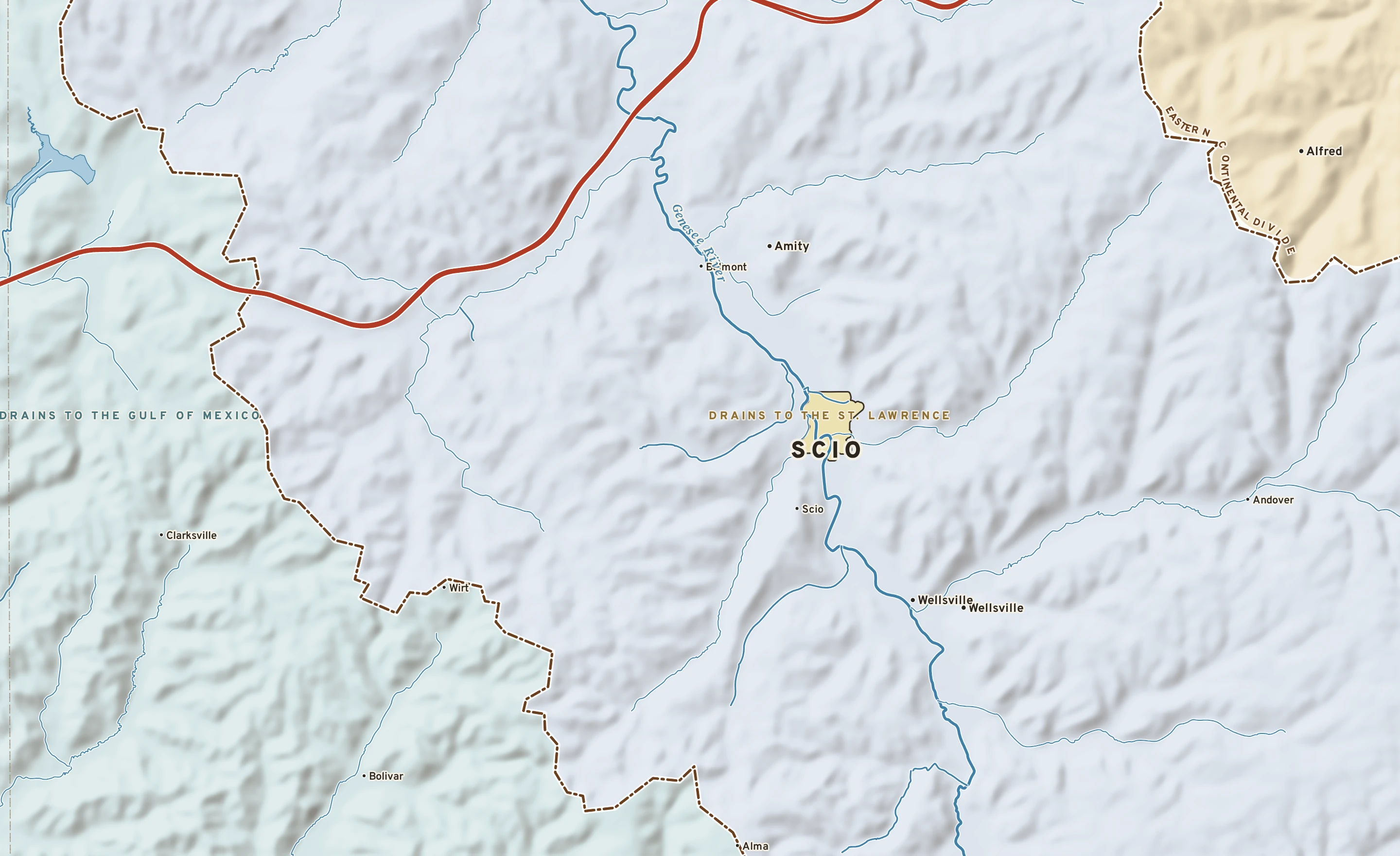 Shaded-relief atlas plate of Scio, New York: rivers, roads, the city limits and where the water drains.