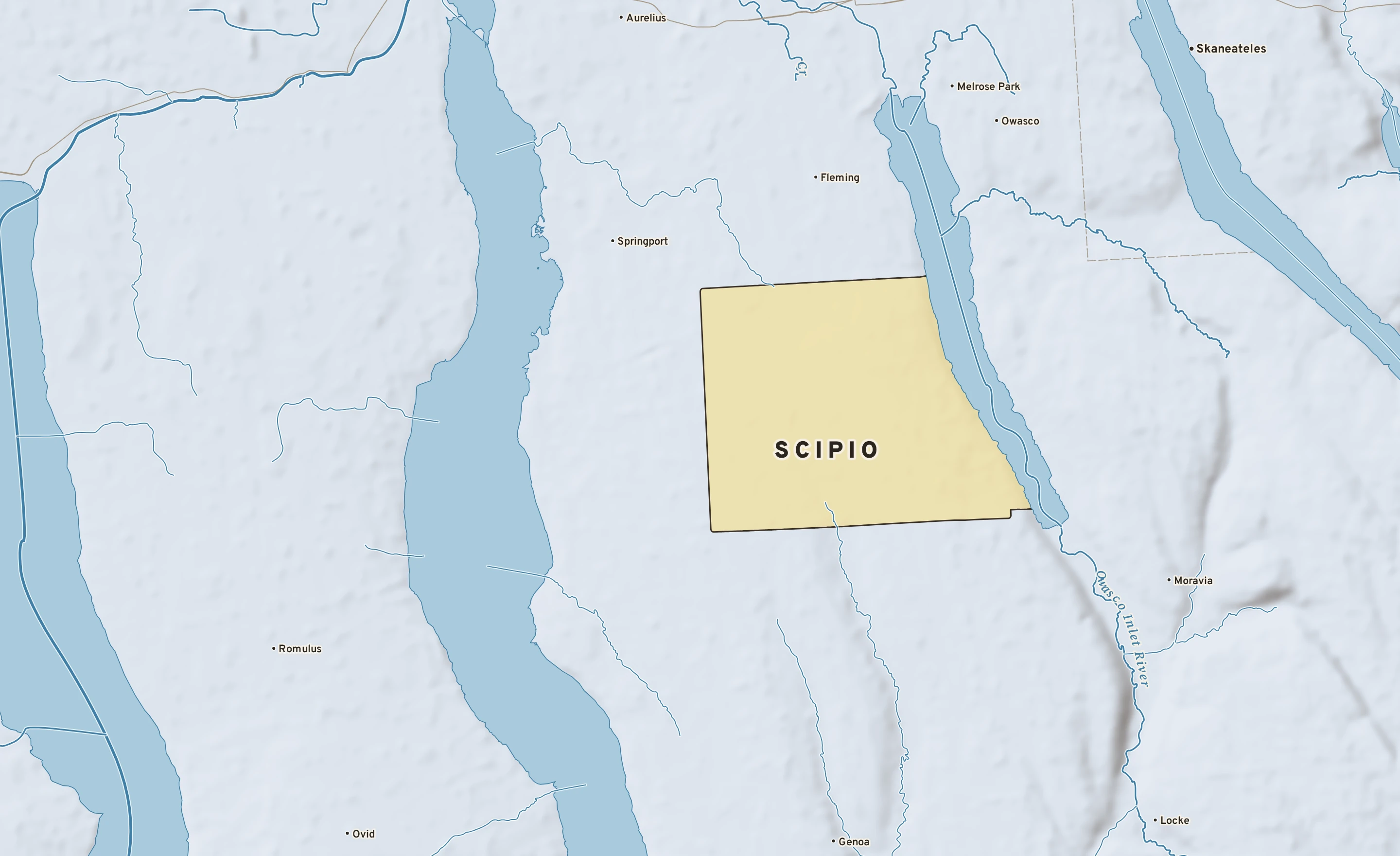 Shaded-relief atlas plate of Scipio, New York: rivers, roads, the city limits and where the water drains.