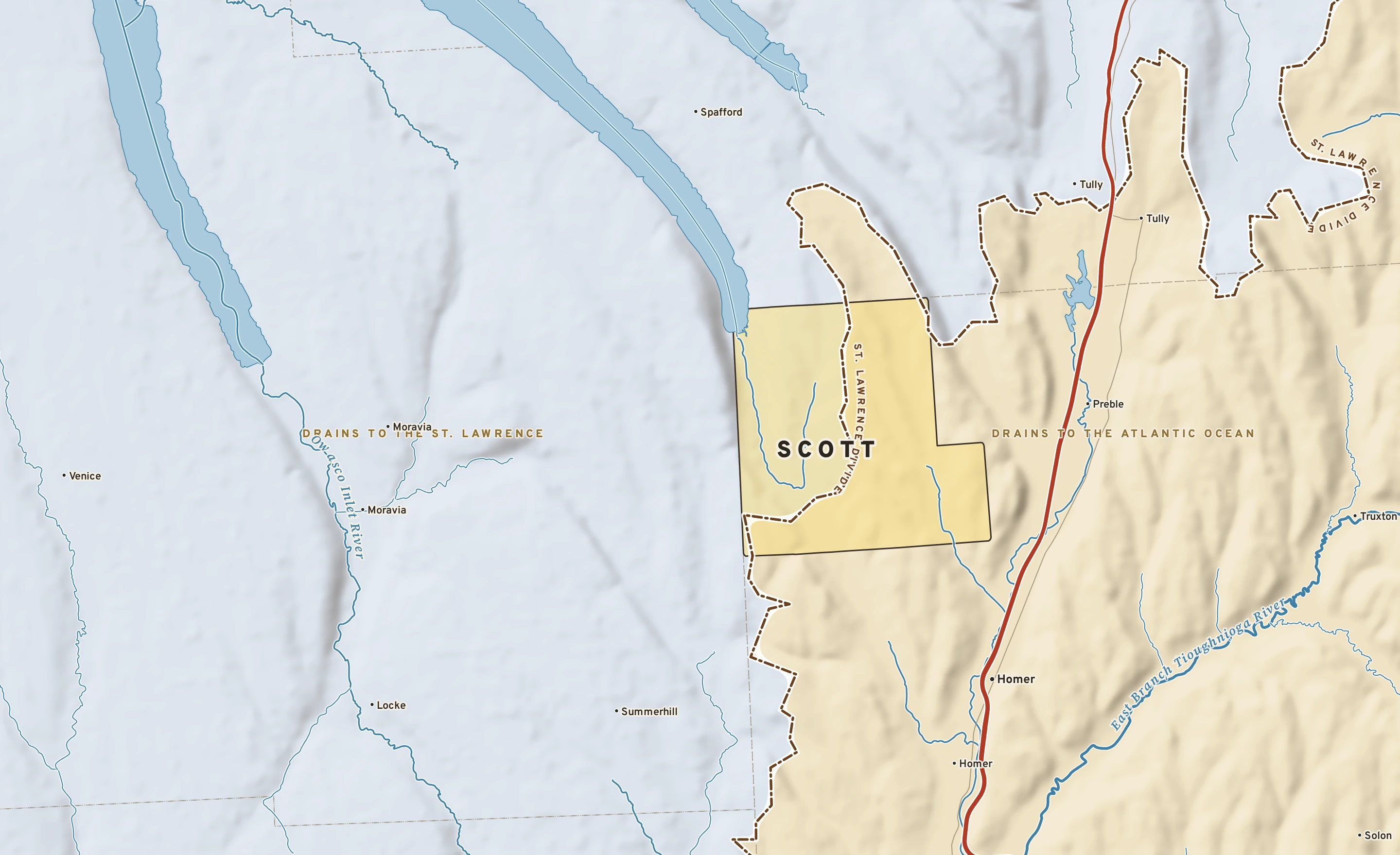 Shaded-relief atlas plate of Scott, New York: rivers, roads, the city limits and where the water drains.