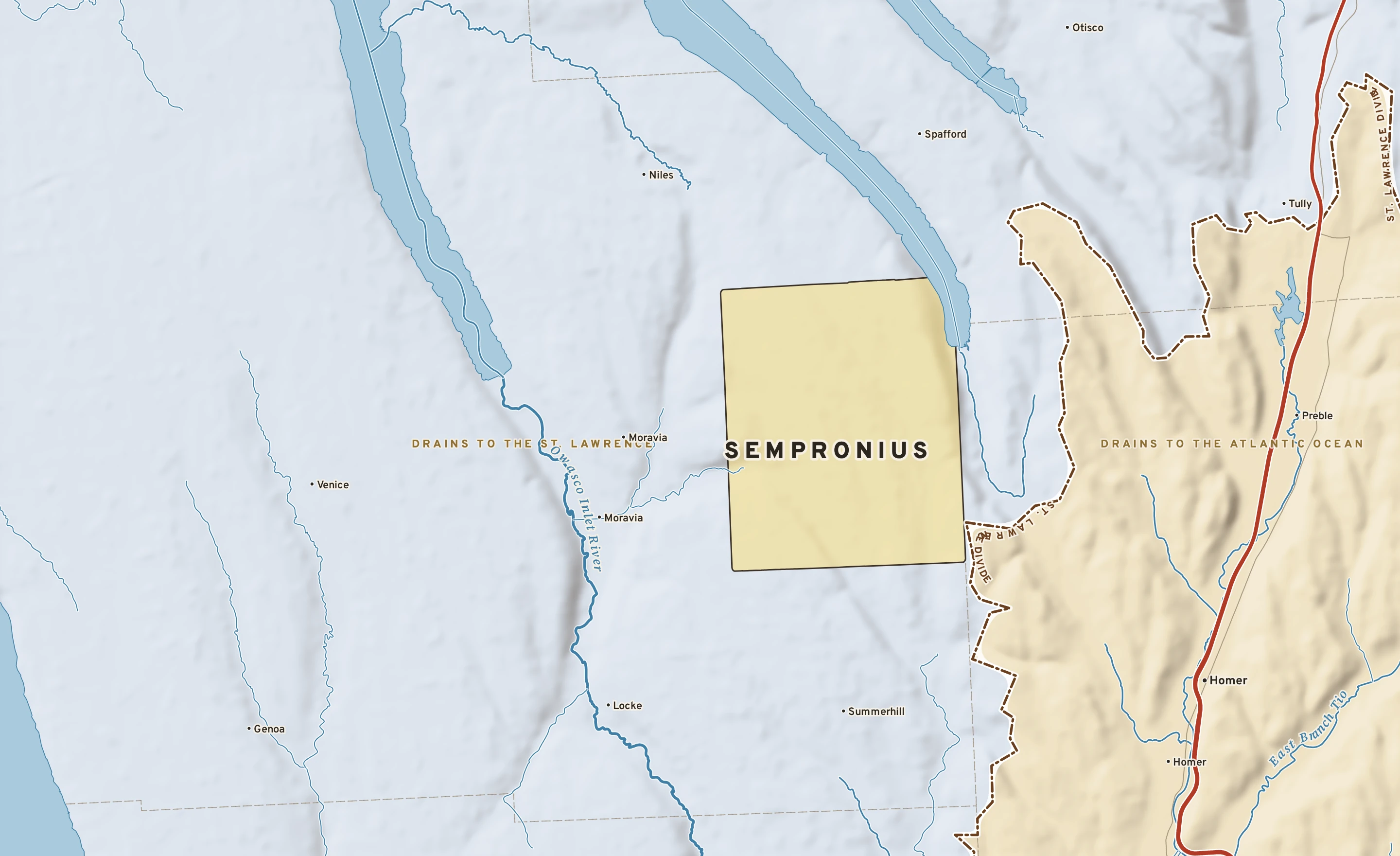 Shaded-relief atlas plate of Sempronius, New York: rivers, roads, the city limits and where the water drains.