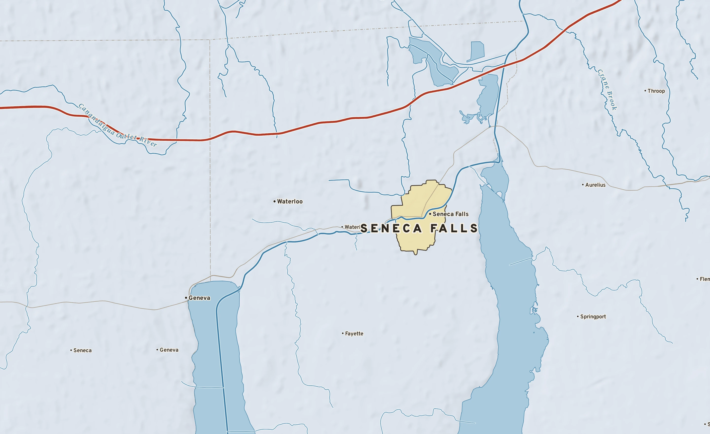 Shaded-relief atlas plate of Seneca Falls, New York: rivers, roads, the city limits and where the water drains.