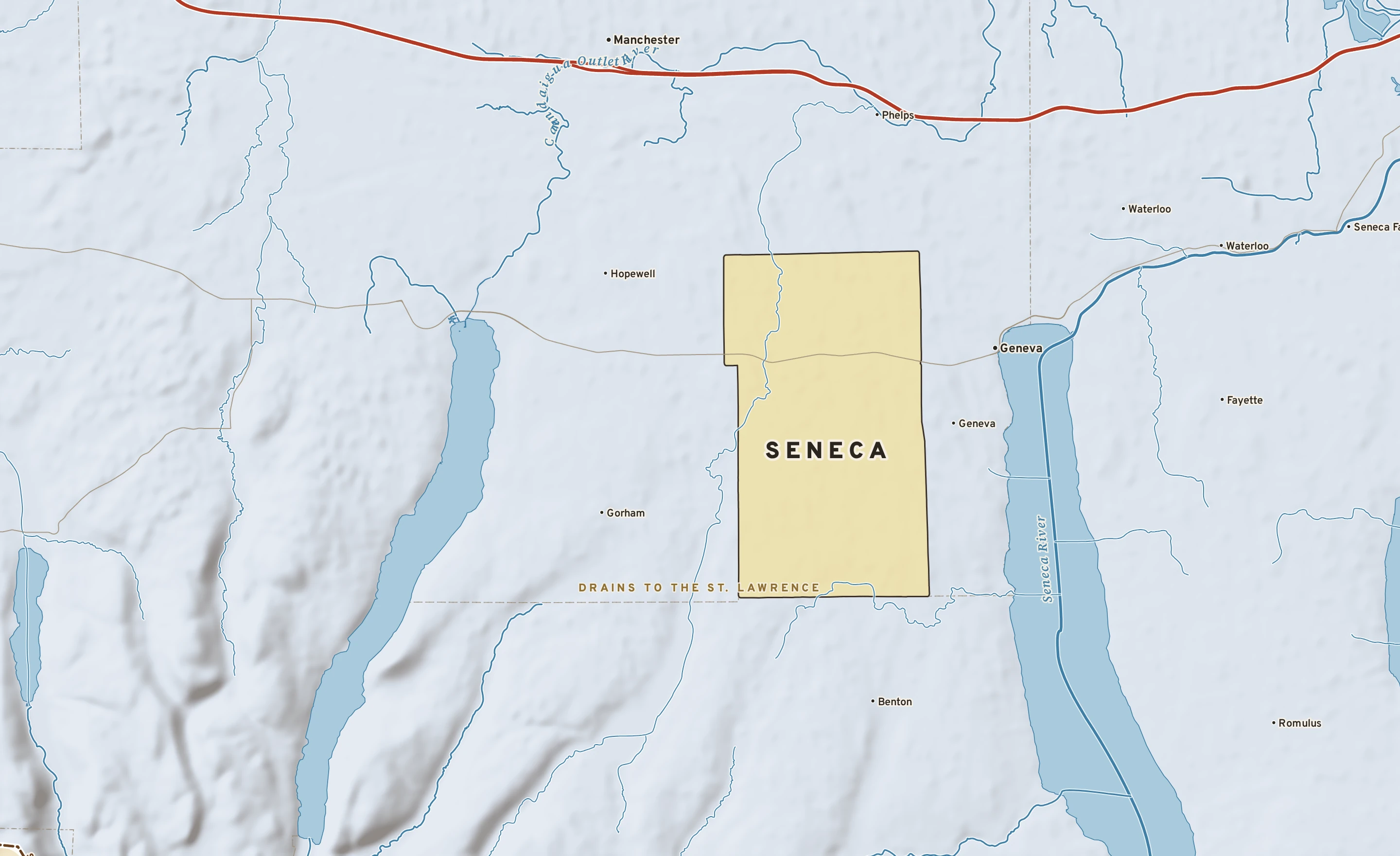 Shaded-relief atlas plate of Seneca, New York: rivers, roads, the city limits and where the water drains.