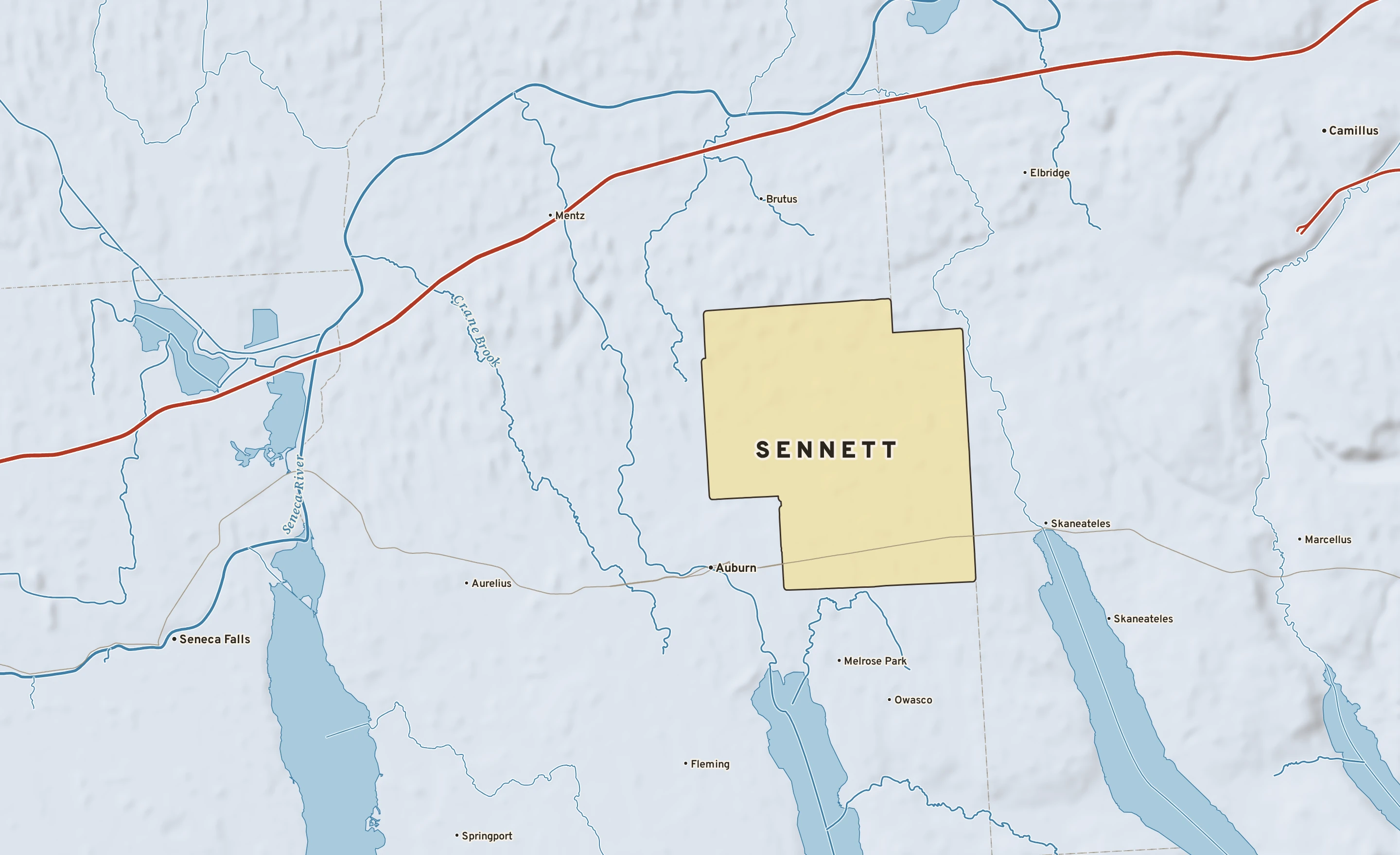 Shaded-relief atlas plate of Sennett, New York: rivers, roads, the city limits and where the water drains.
