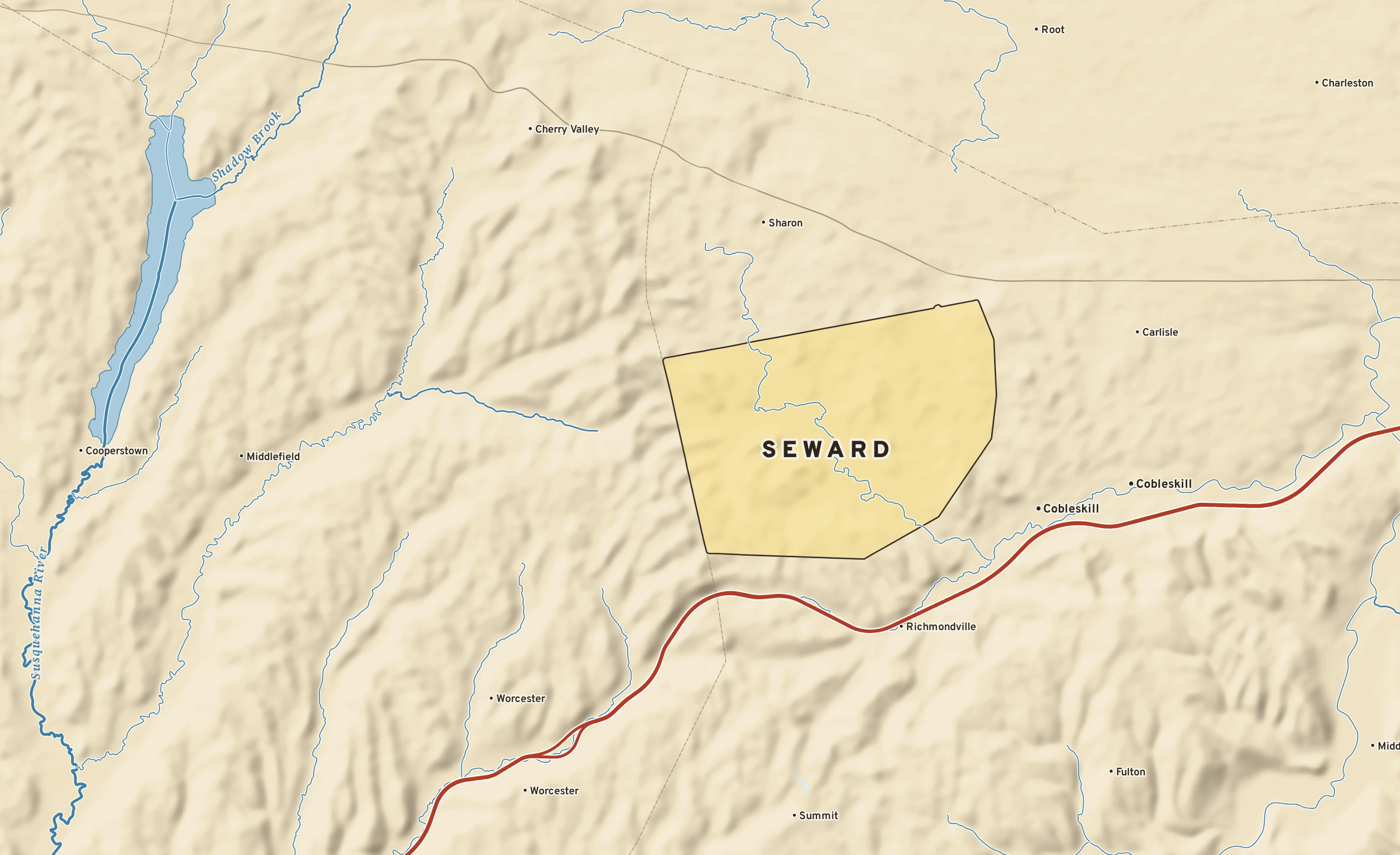Shaded-relief atlas plate of Seward, New York: rivers, roads, the city limits and where the water drains.