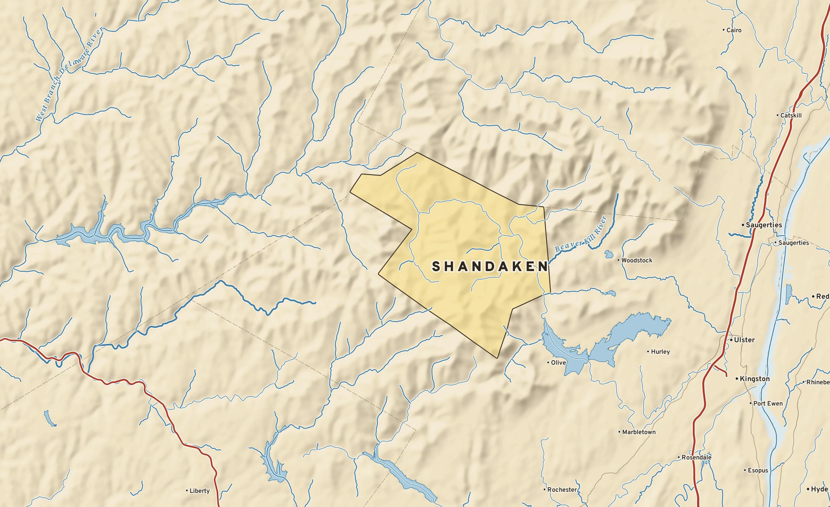Shaded-relief atlas plate of Shandaken, New York: rivers, roads, the city limits and where the water drains.