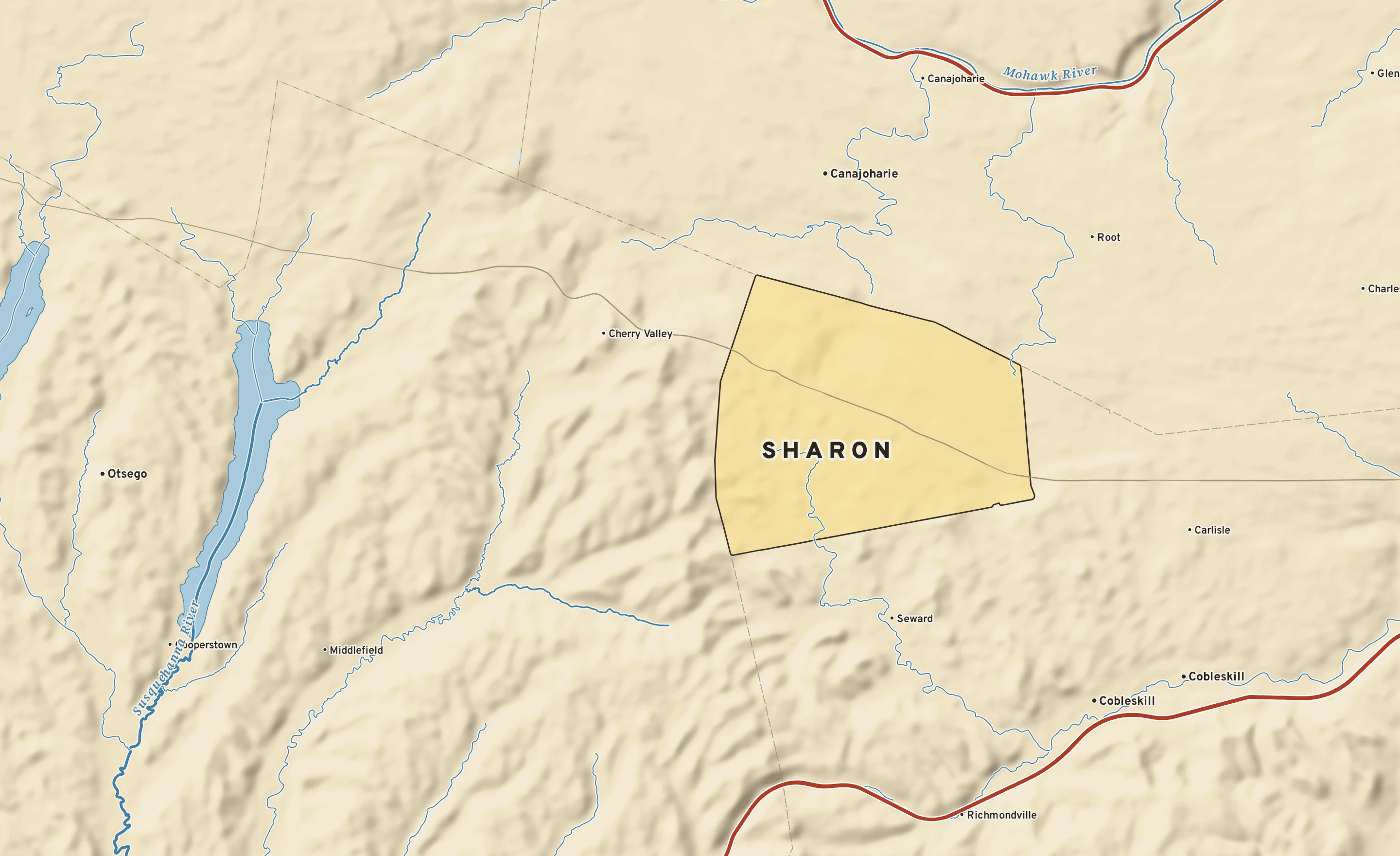 Shaded-relief atlas plate of Sharon, New York: rivers, roads, the city limits and where the water drains.