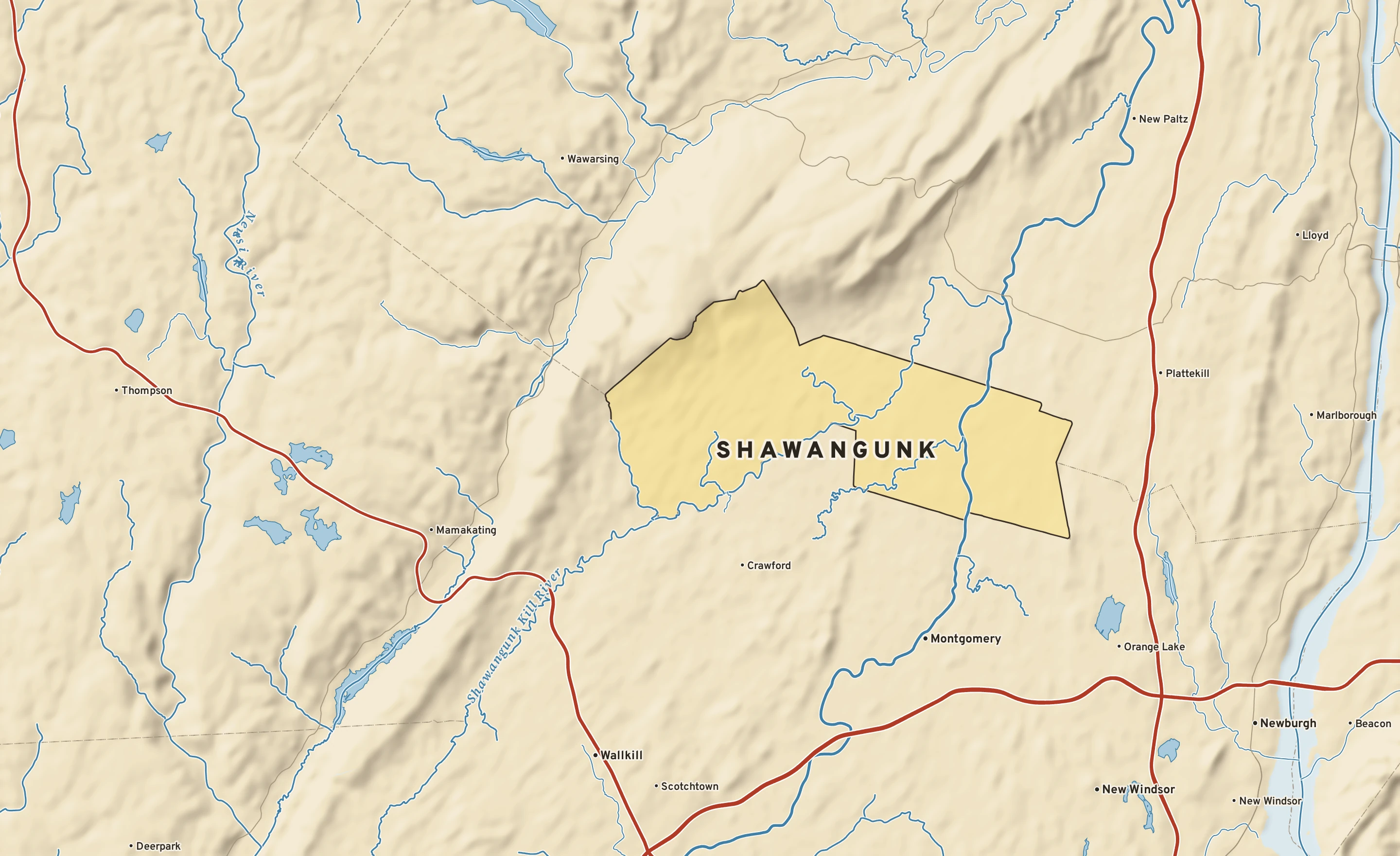 Shaded-relief atlas plate of Shawangunk, New York: rivers, roads, the city limits and where the water drains.