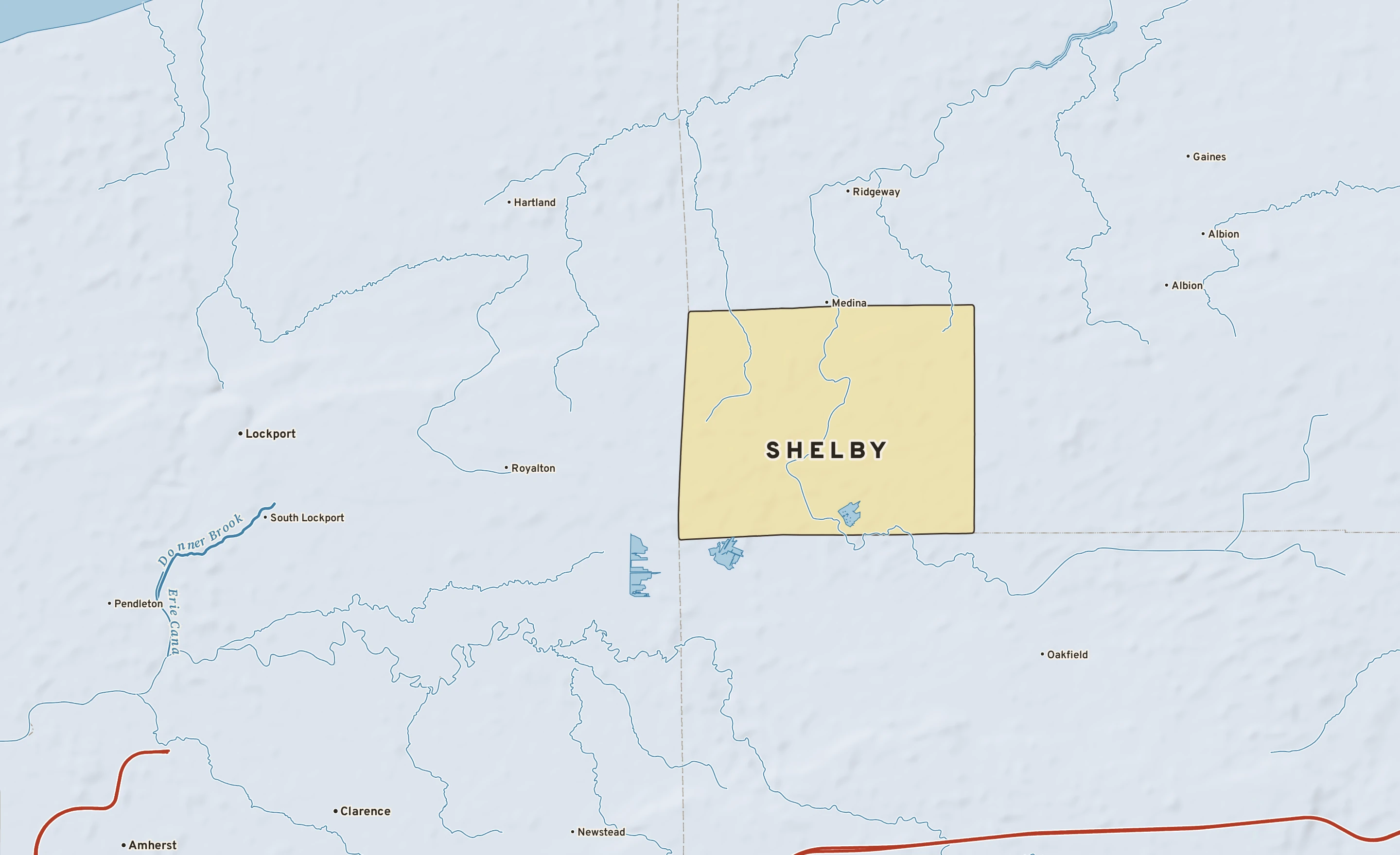 Shaded-relief atlas plate of Shelby, New York: rivers, roads, the city limits and where the water drains.
