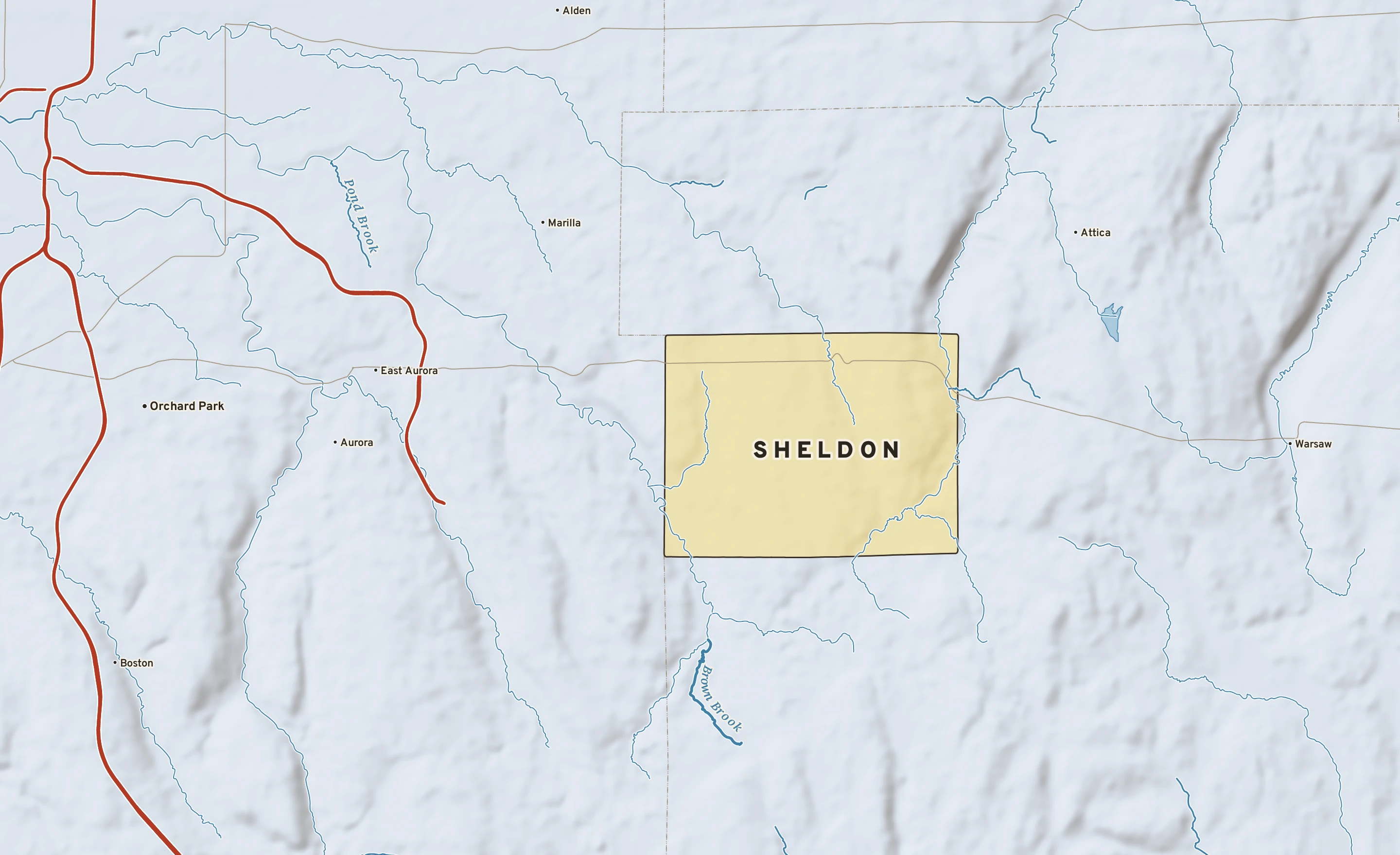 Shaded-relief atlas plate of Sheldon, New York: rivers, roads, the city limits and where the water drains.