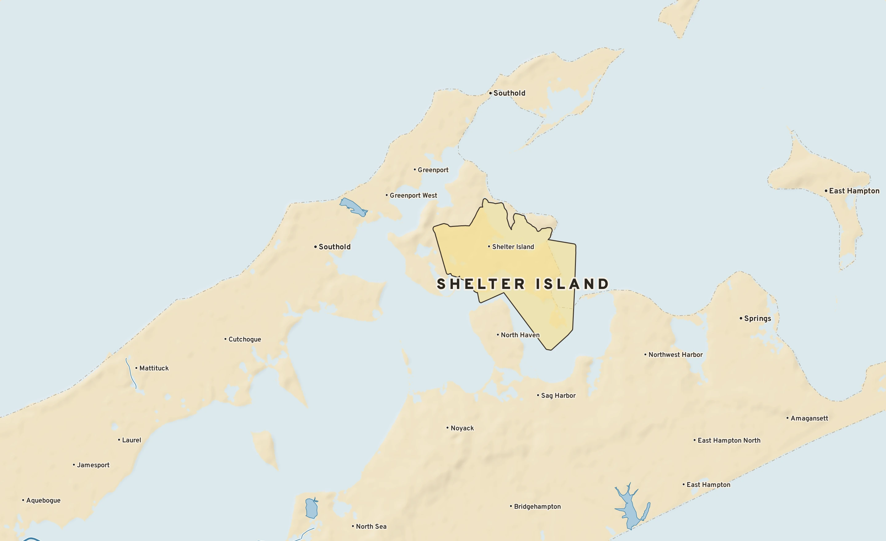 Shaded-relief atlas plate of Shelter Island, New York: rivers, roads, the city limits and where the water drains.