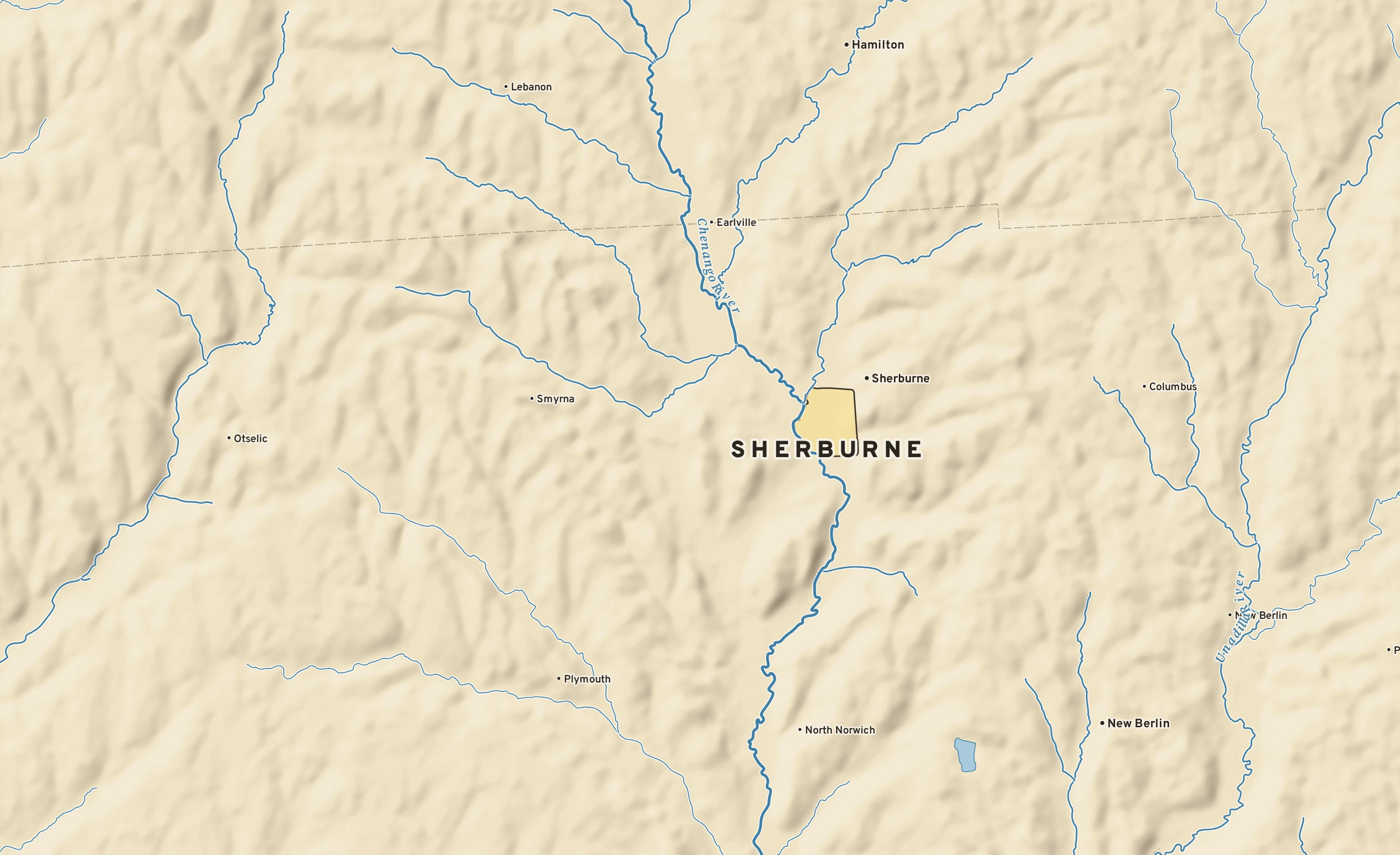 Shaded-relief atlas plate of Sherburne, New York: rivers, roads, the city limits and where the water drains.