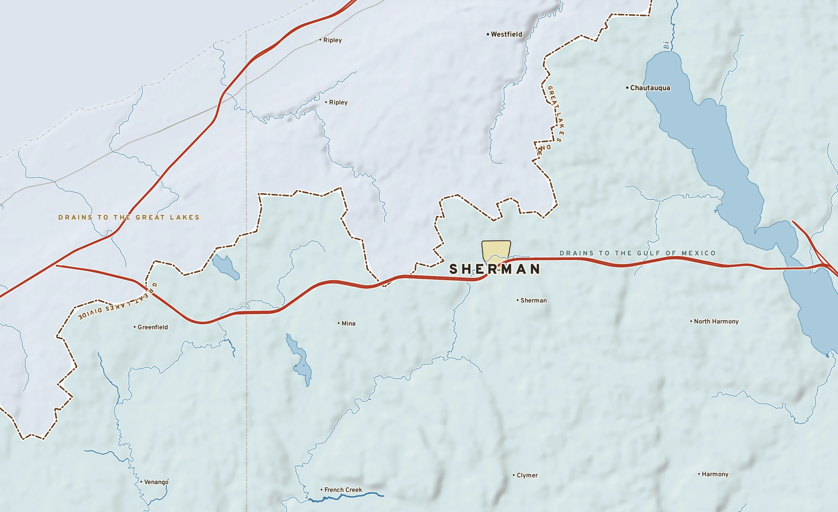 Shaded-relief atlas plate of Sherman, New York: rivers, roads, the city limits and where the water drains.