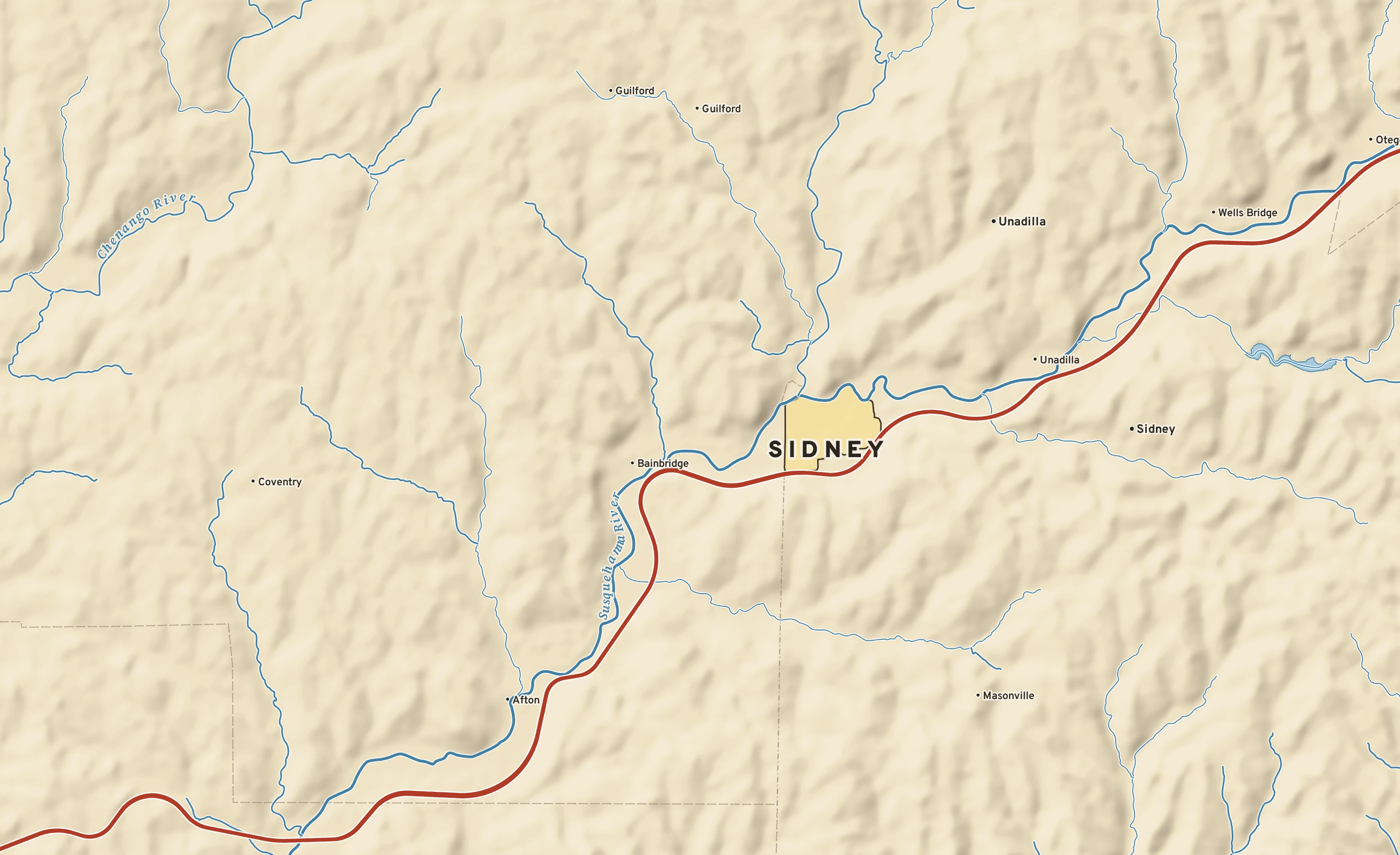 Shaded-relief atlas plate of Sidney, New York: rivers, roads, the city limits and where the water drains.