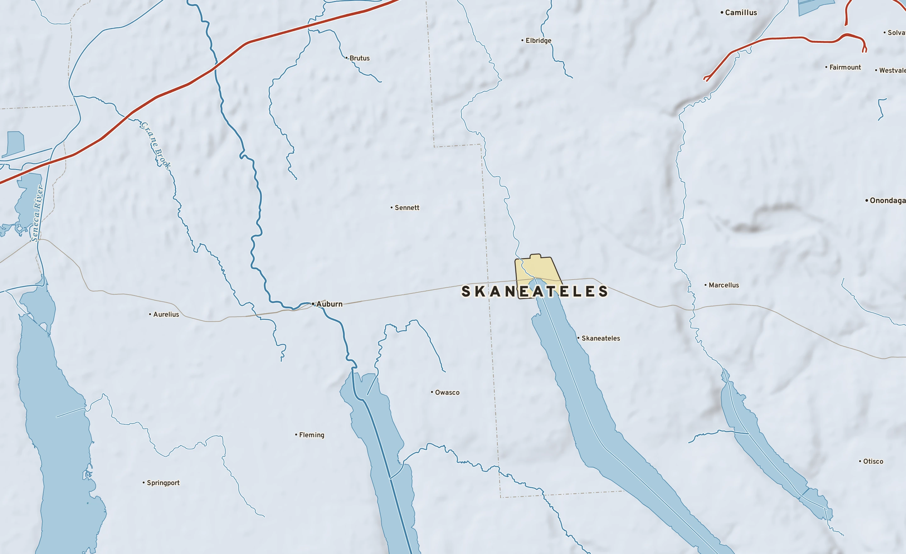Shaded-relief atlas plate of Skaneateles, New York: rivers, roads, the city limits and where the water drains.
