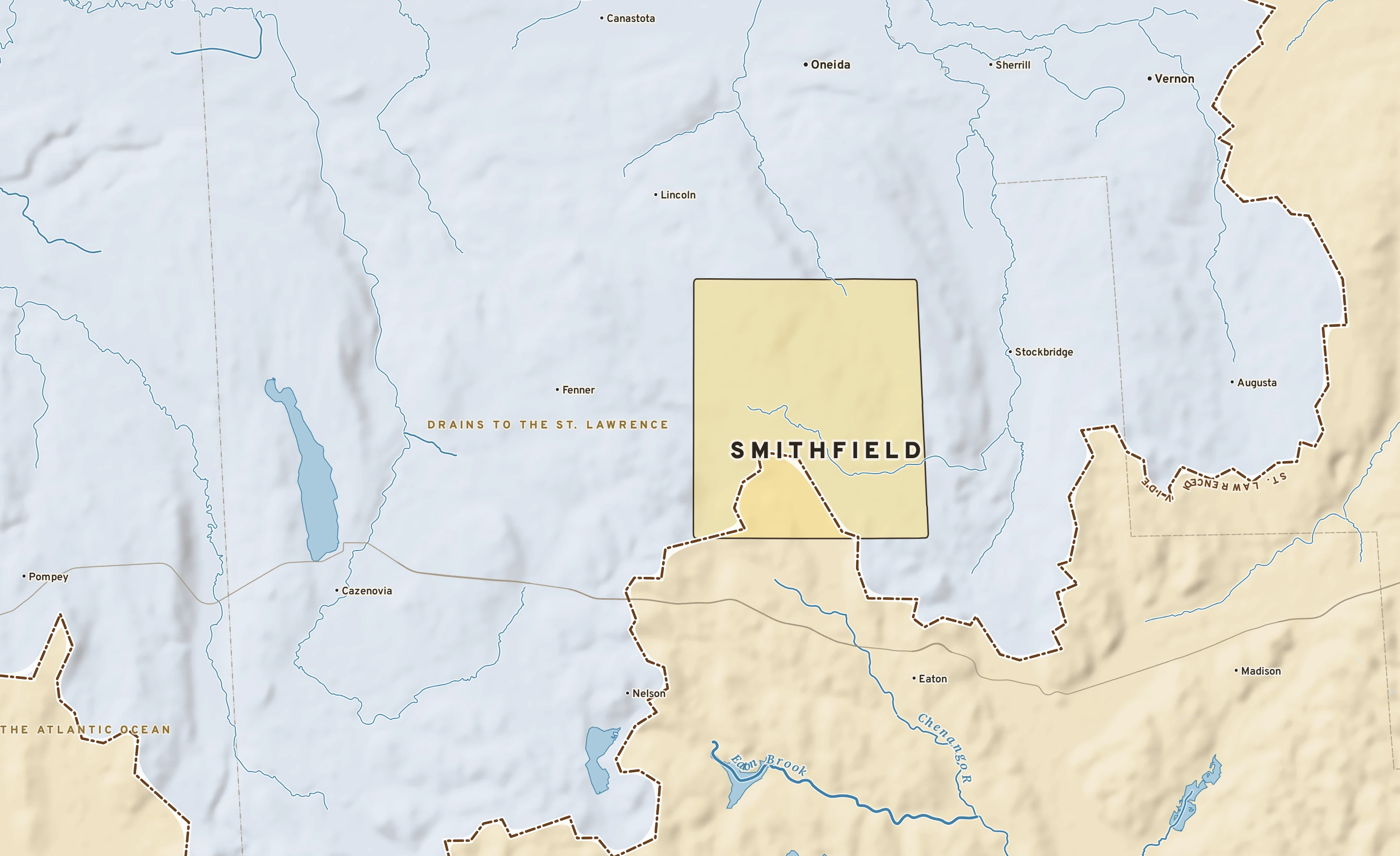 Shaded-relief atlas plate of Smithfield, New York: rivers, roads, the city limits and where the water drains.