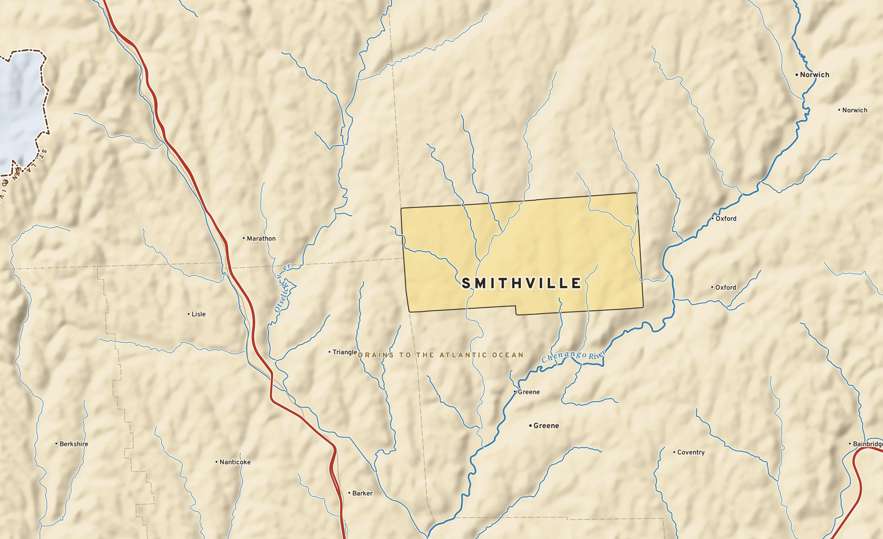 Shaded-relief atlas plate of Smithville, New York: rivers, roads, the city limits and where the water drains.