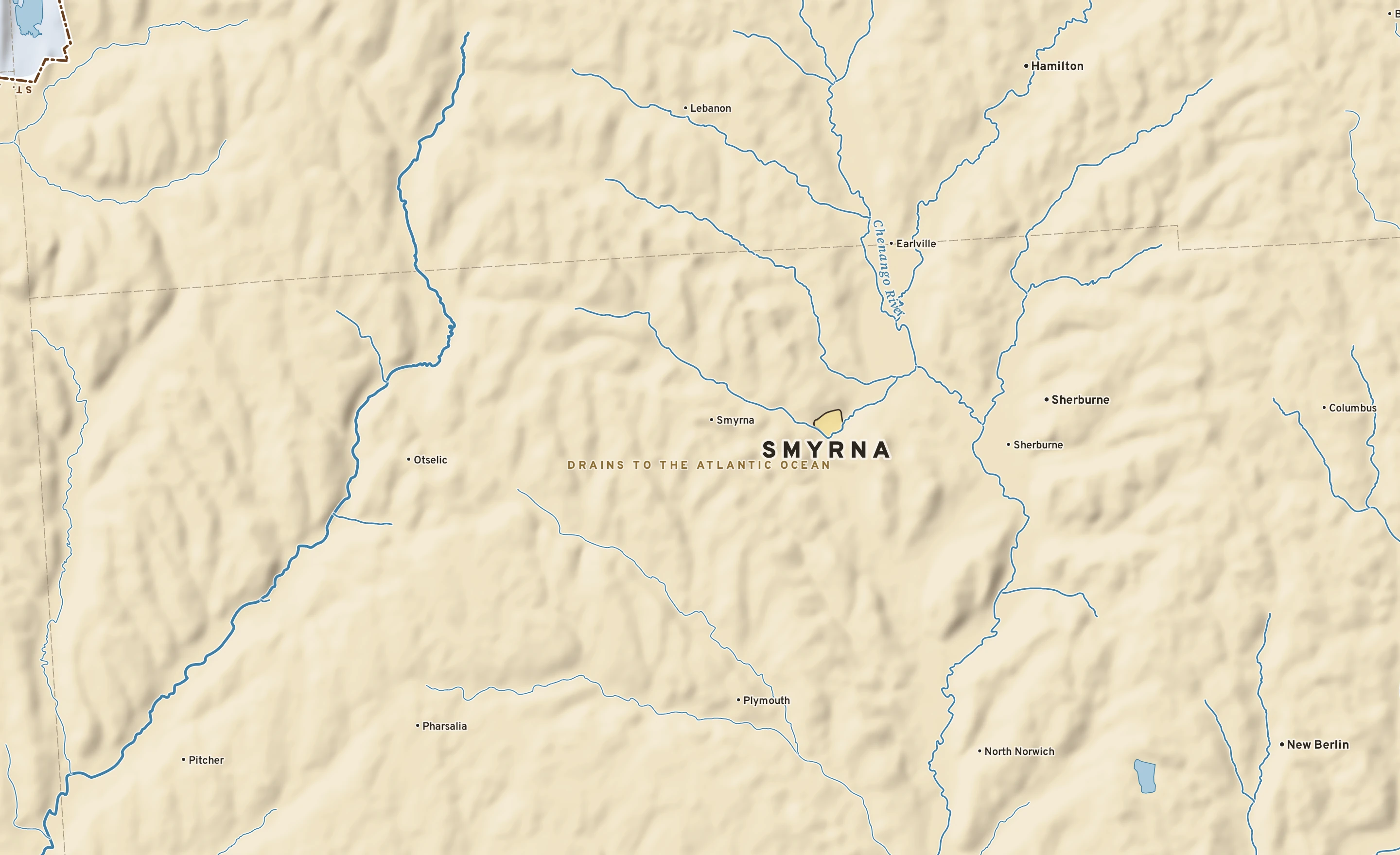 Shaded-relief atlas plate of Smyrna, New York: rivers, roads, the city limits and where the water drains.