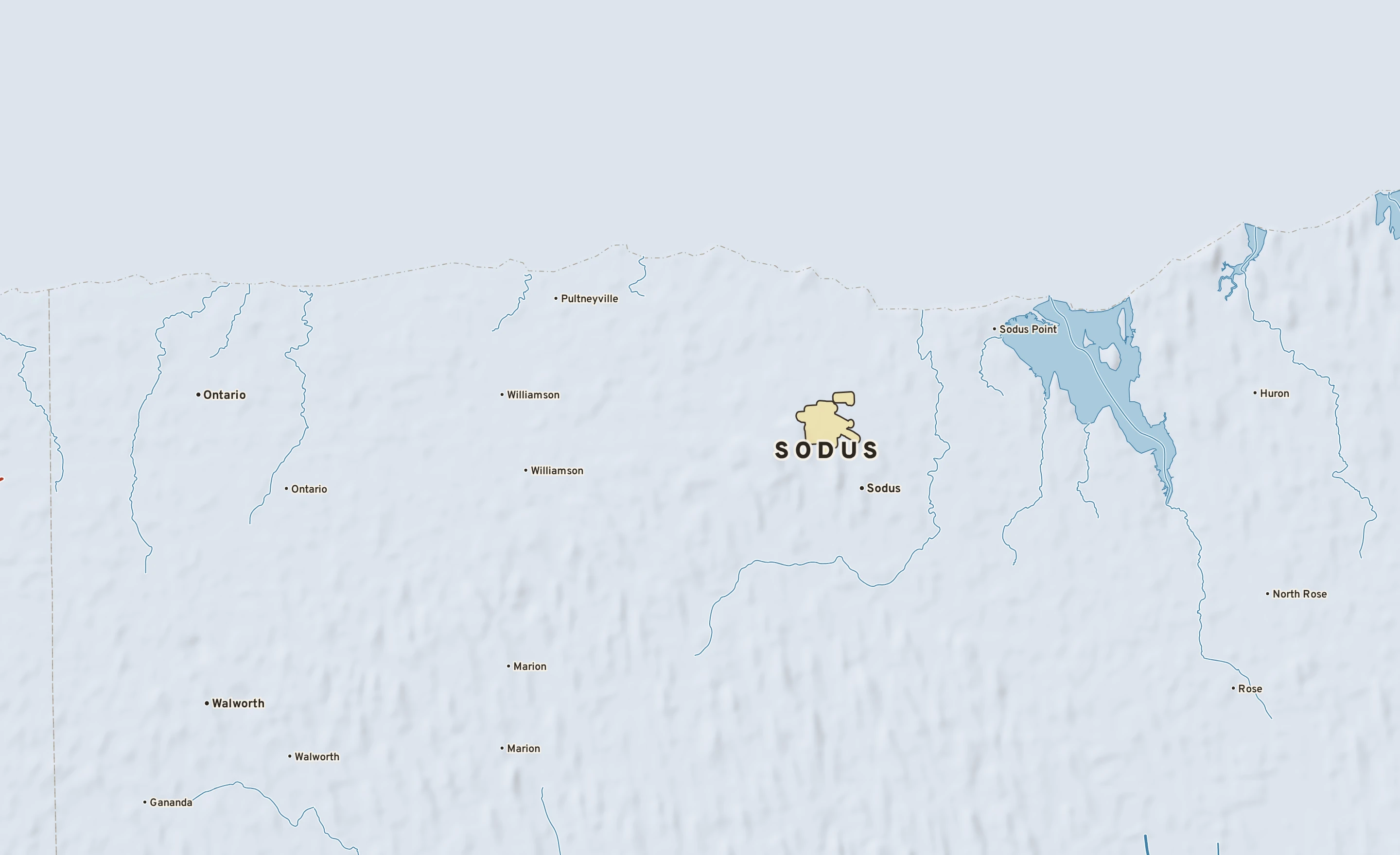 Shaded-relief atlas plate of Sodus, New York: rivers, roads, the city limits and where the water drains.