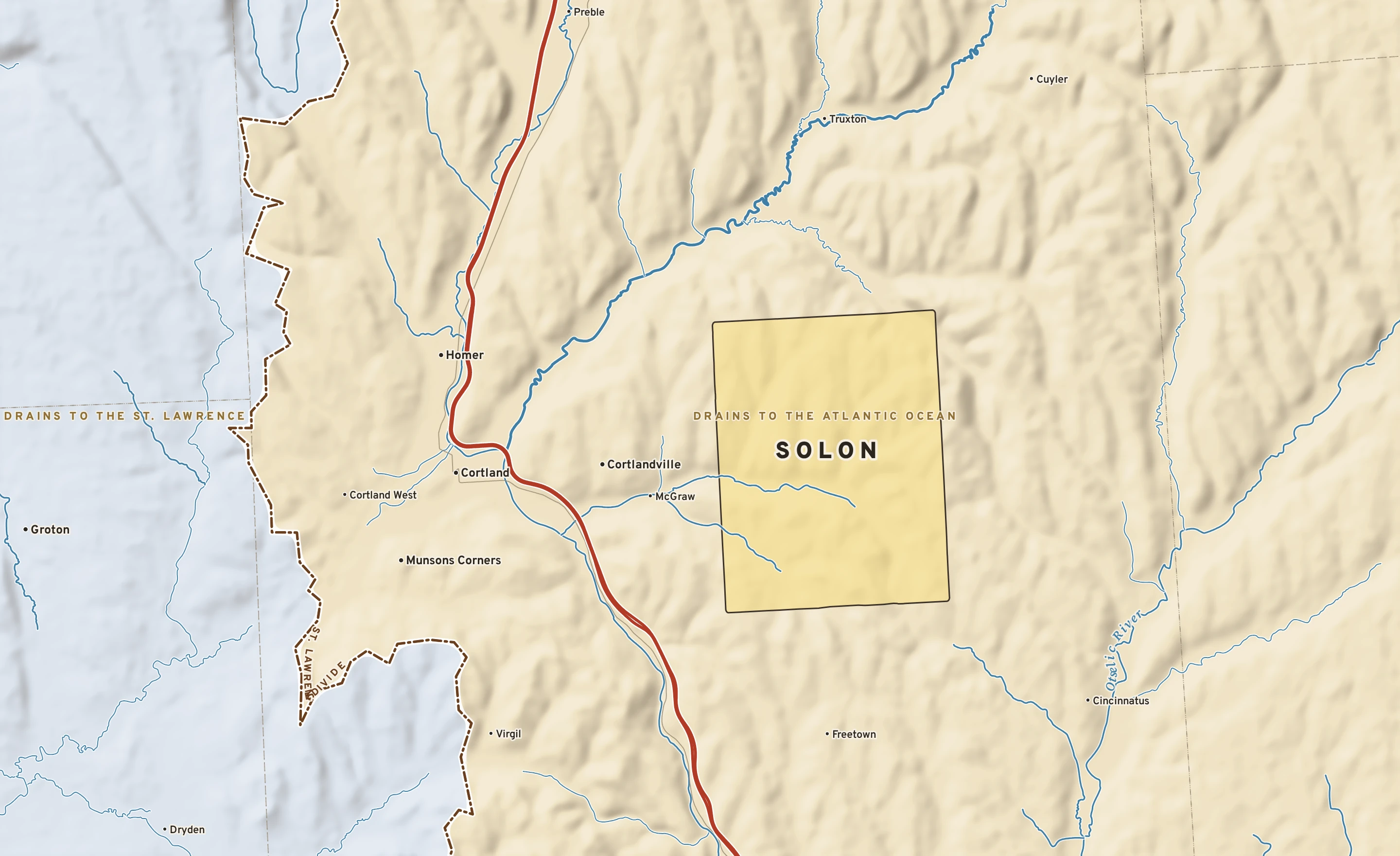 Shaded-relief atlas plate of Solon, New York: rivers, roads, the city limits and where the water drains.