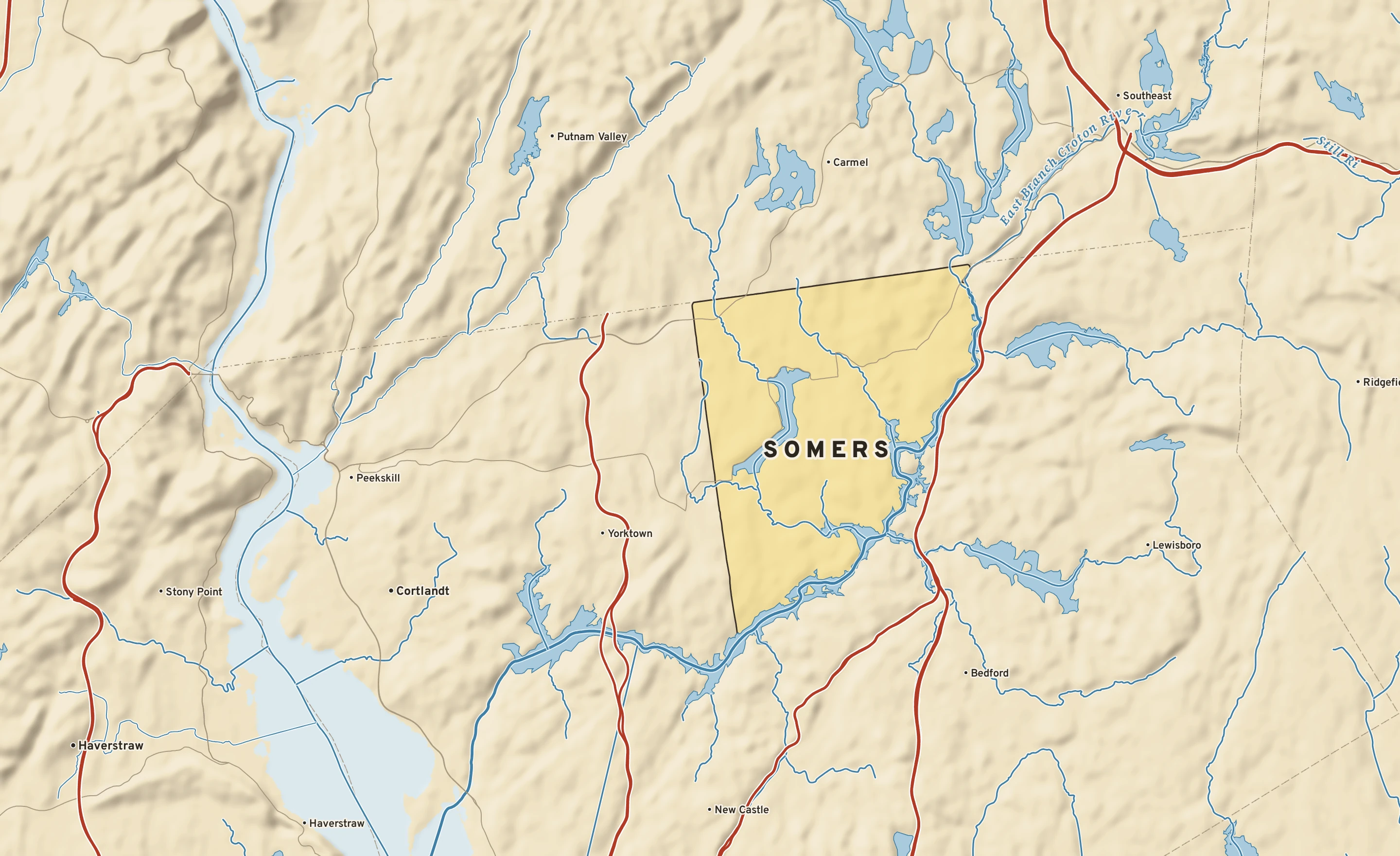 Shaded-relief atlas plate of Somers, New York: rivers, roads, the city limits and where the water drains.