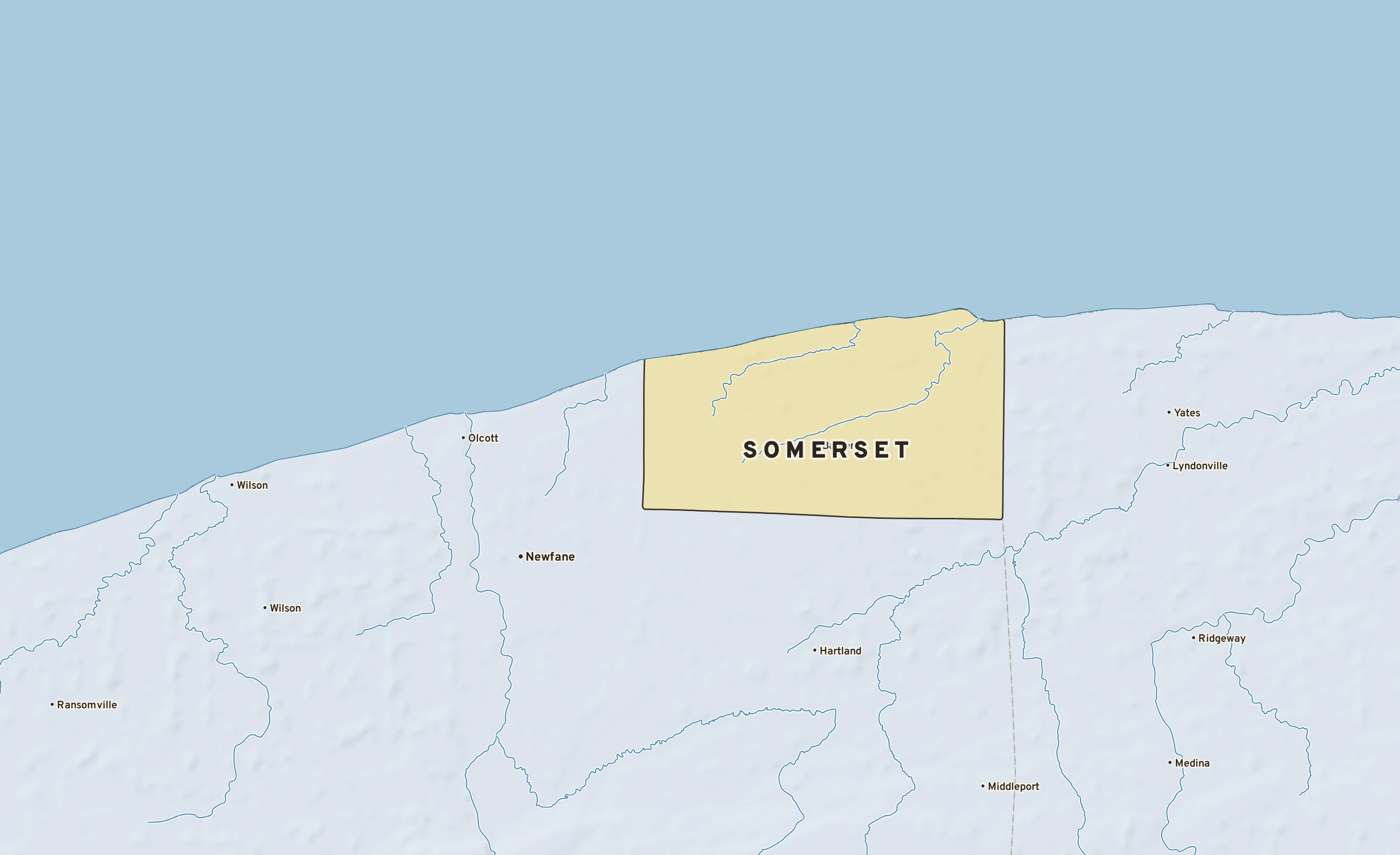 Shaded-relief atlas plate of Somerset, New York: rivers, roads, the city limits and where the water drains.