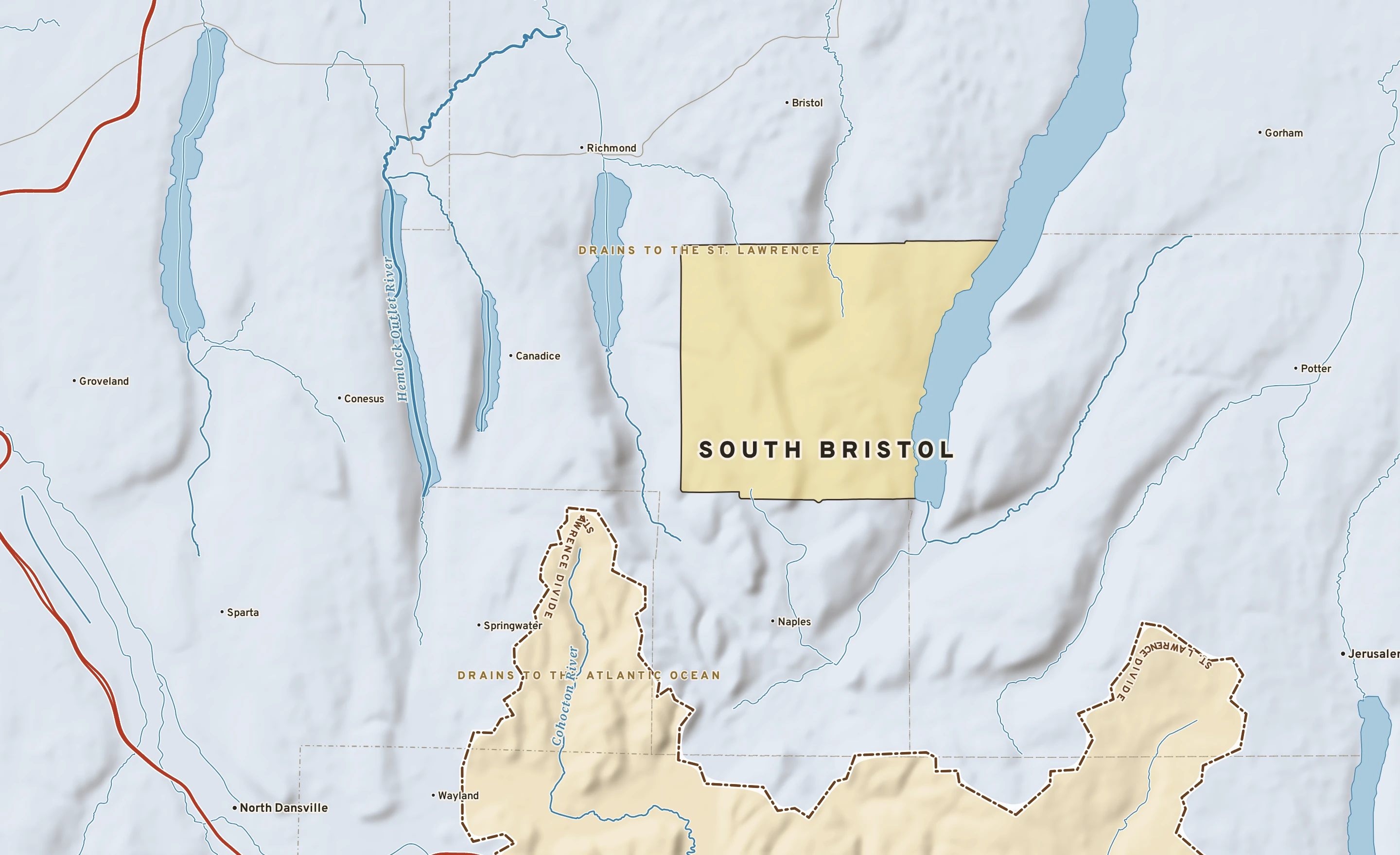 Shaded-relief atlas plate of South Bristol, New York: rivers, roads, the city limits and where the water drains.