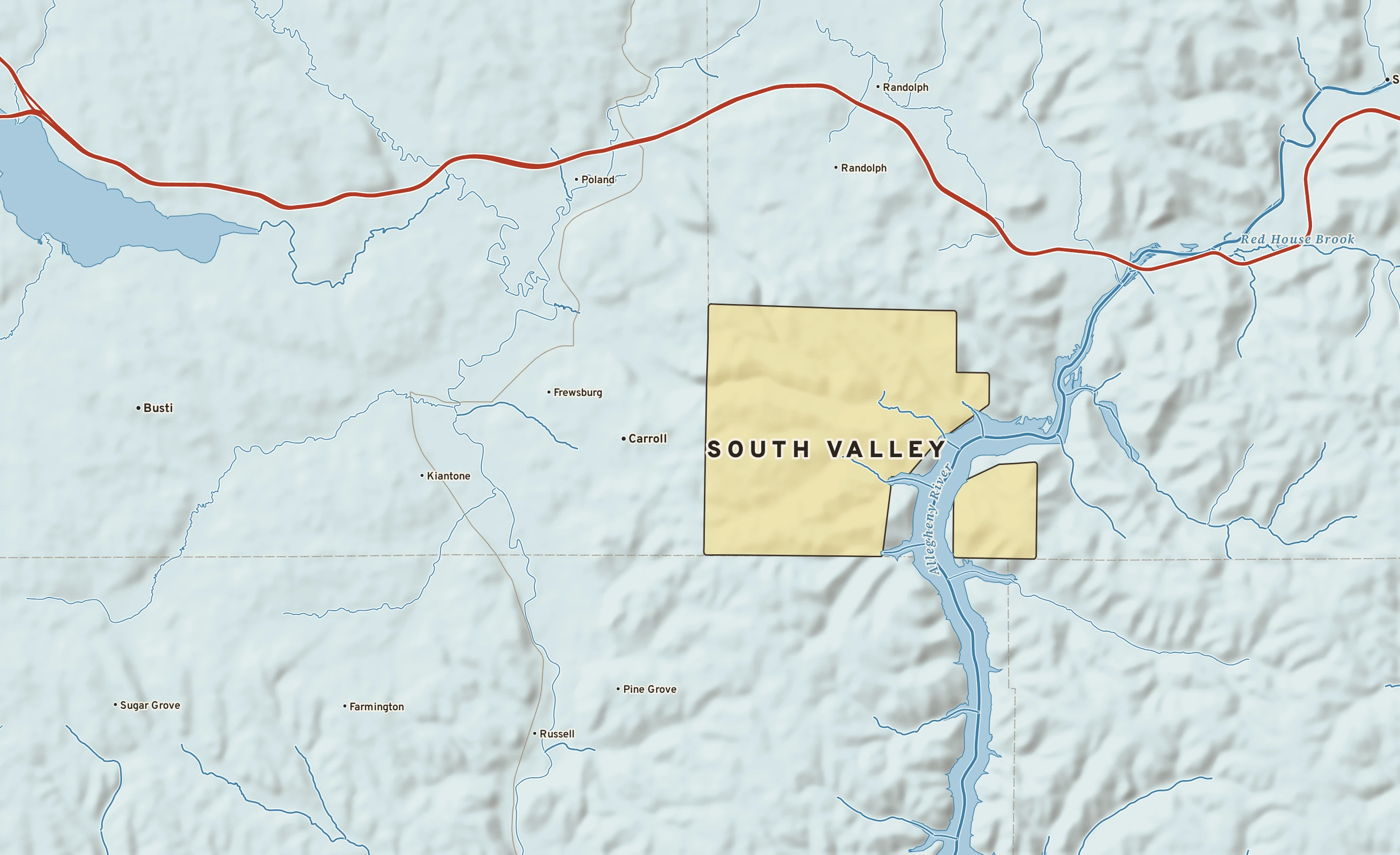 Shaded-relief atlas plate of South Valley, New York: rivers, roads, the city limits and where the water drains.