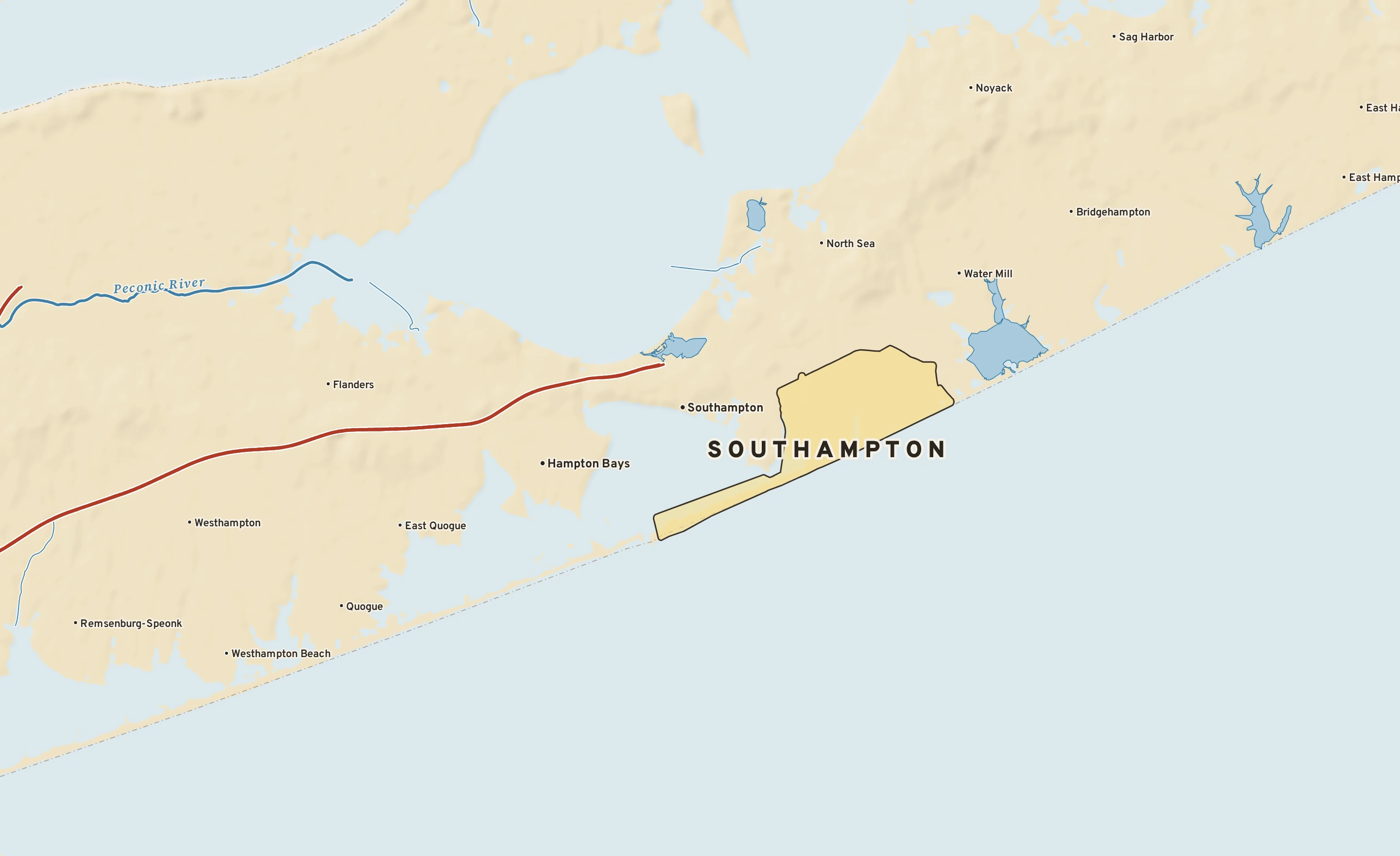 Shaded-relief atlas plate of Southampton, New York: rivers, roads, the city limits and where the water drains.