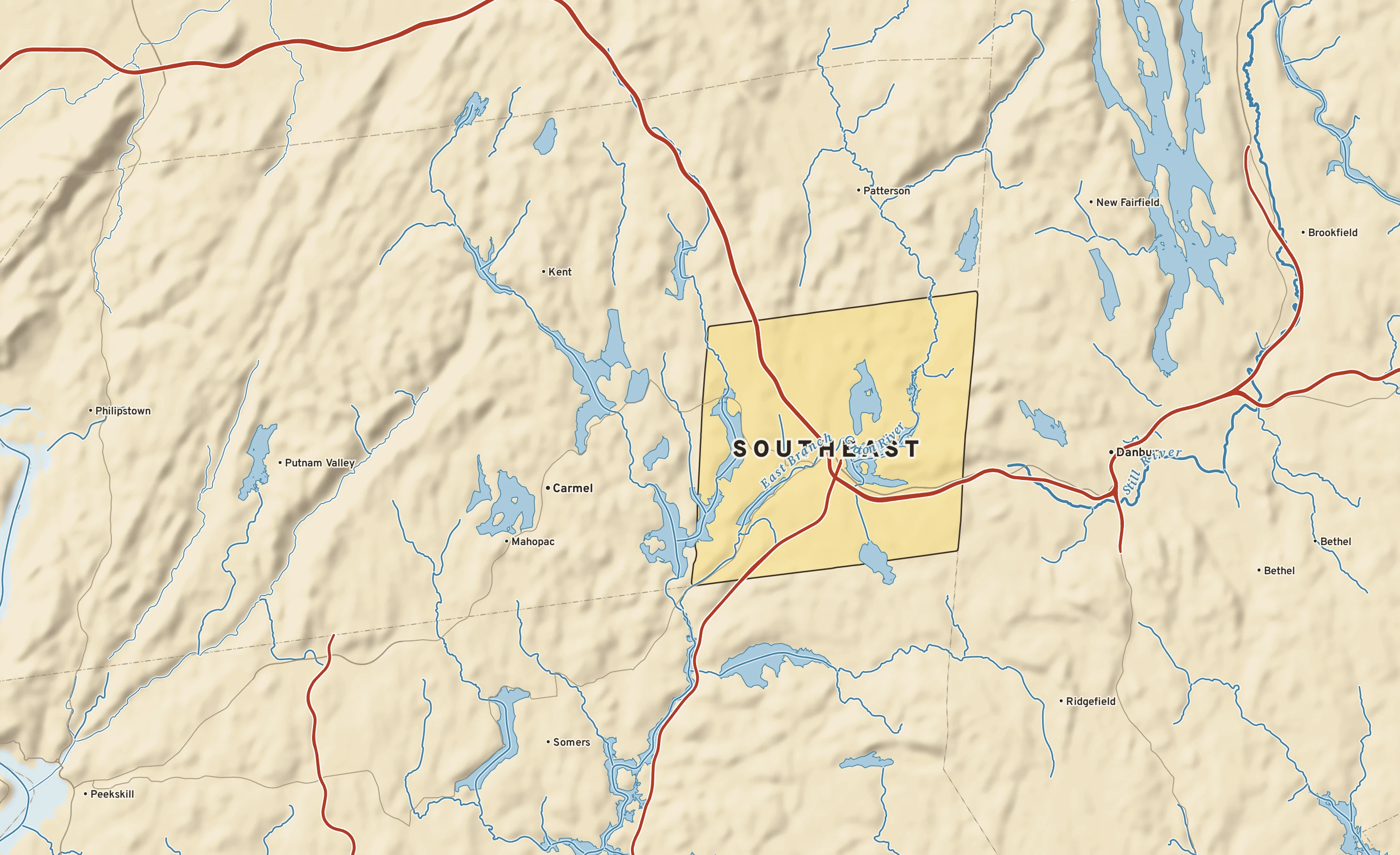 Shaded-relief atlas plate of Southeast, New York: rivers, roads, the city limits and where the water drains.