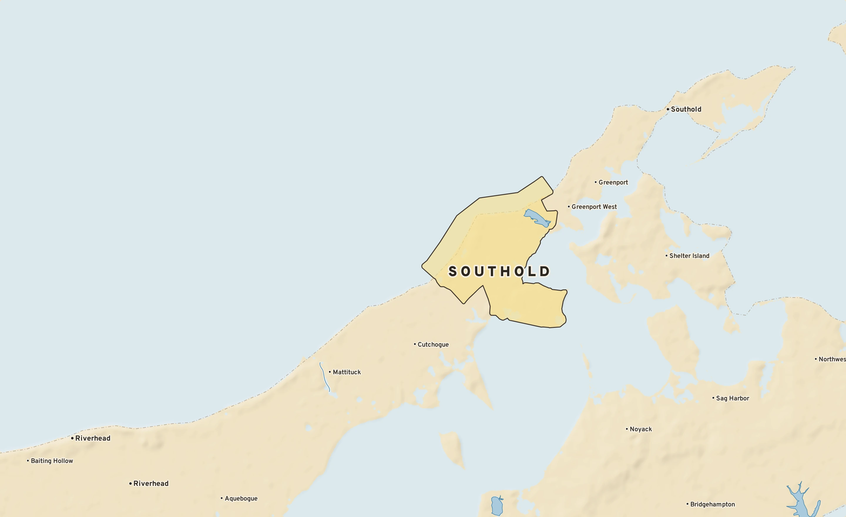 Shaded-relief atlas plate of Southold, New York: rivers, roads, the city limits and where the water drains.