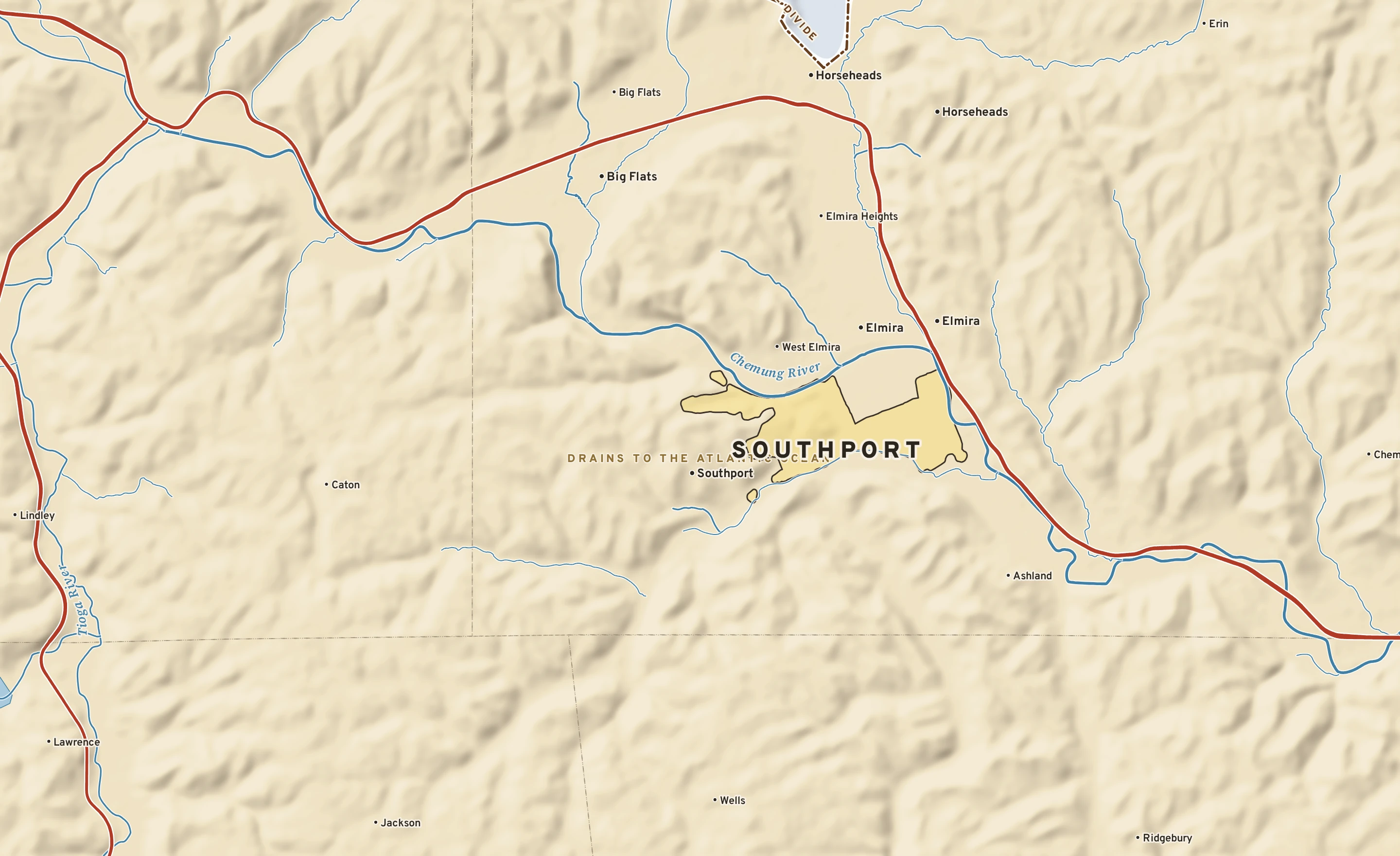Shaded-relief atlas plate of Southport, New York: rivers, roads, the city limits and where the water drains.