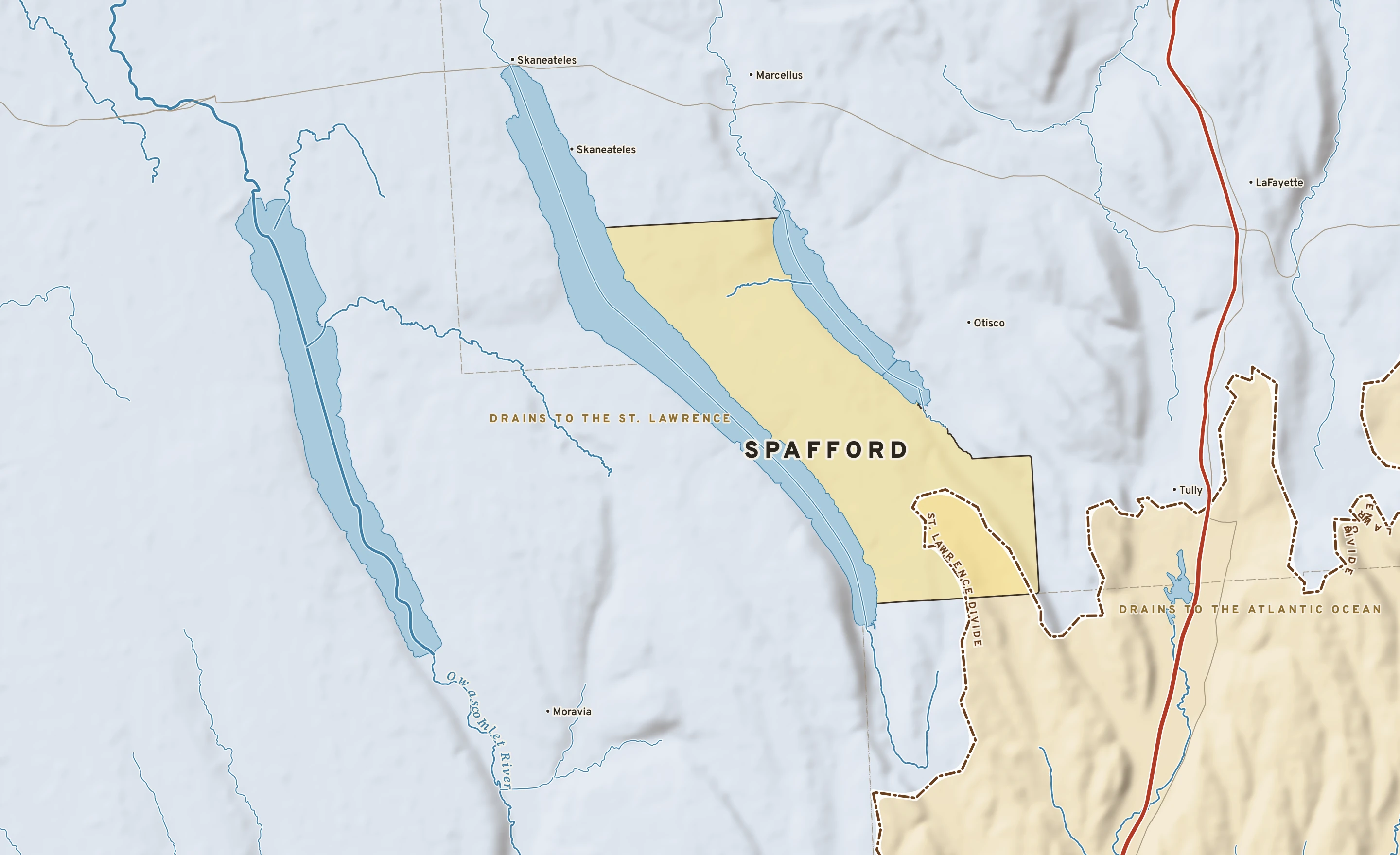 Shaded-relief atlas plate of Spafford, New York: rivers, roads, the city limits and where the water drains.