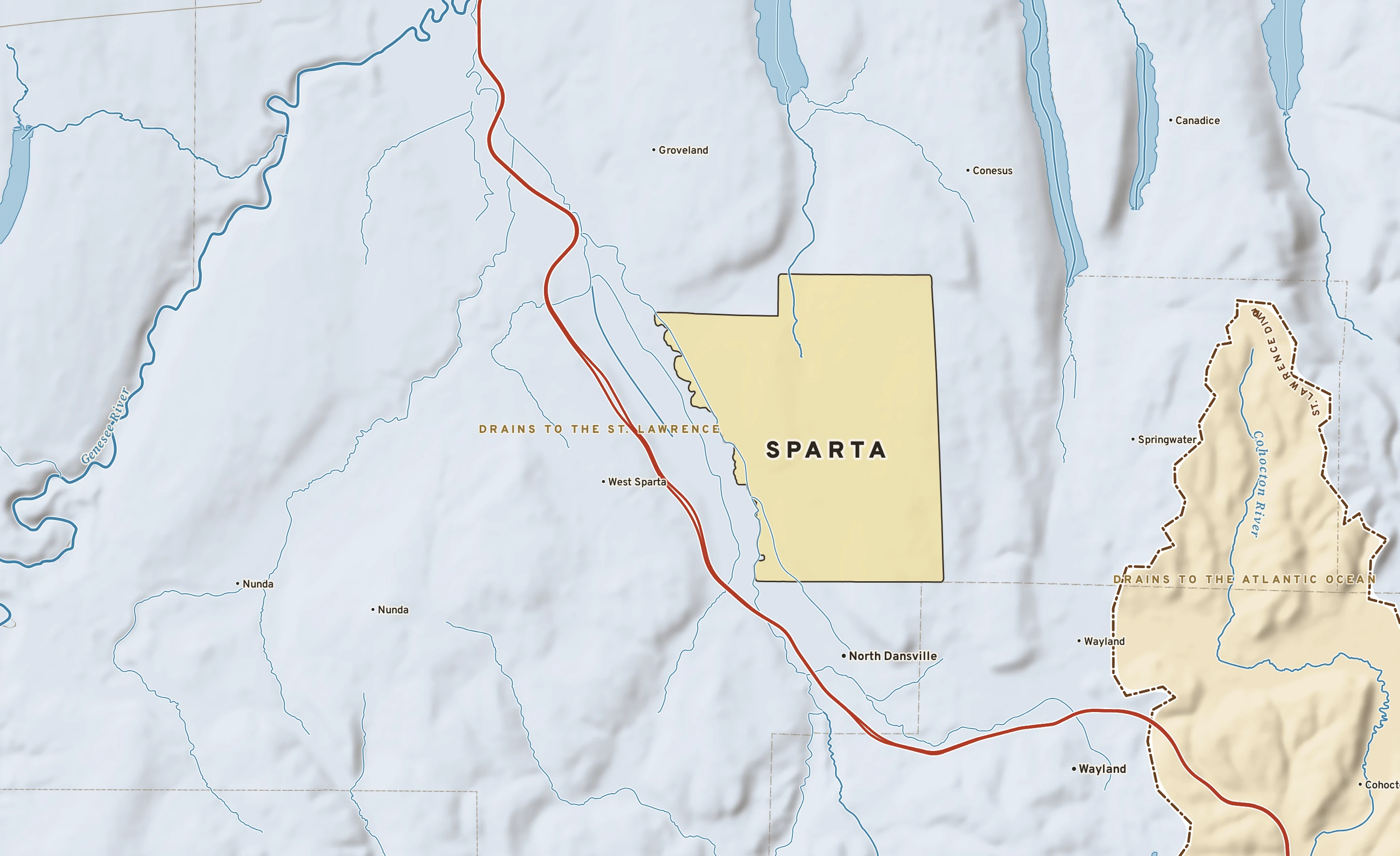 Shaded-relief atlas plate of Sparta, New York: rivers, roads, the city limits and where the water drains.